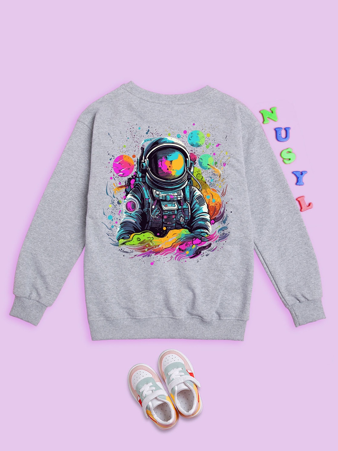 

NUSYL Kids Graphic Printed Printed Fleece Oversized Sweatshirt, Grey