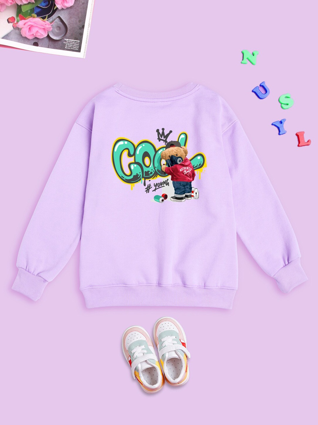

NUSYL Unisex Kids Printed Oversized Sweatshirt, Purple