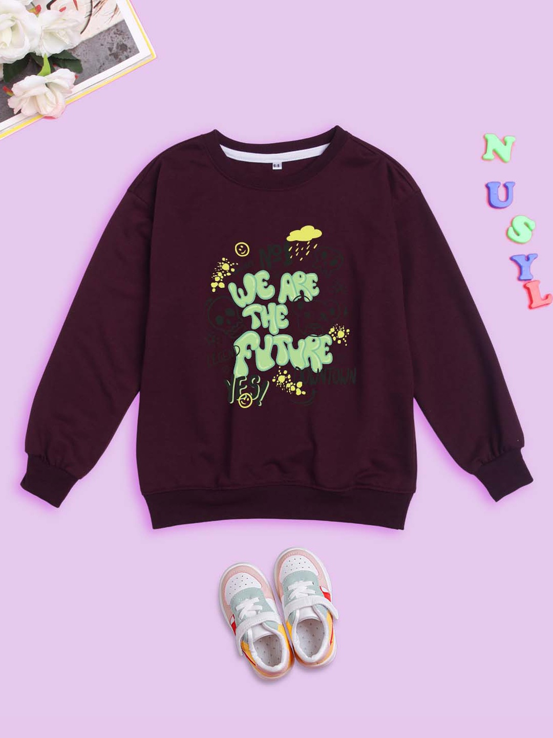 

NUSYL Kids Printed Round Neck Oversized Fleece Sweatshirt, Maroon