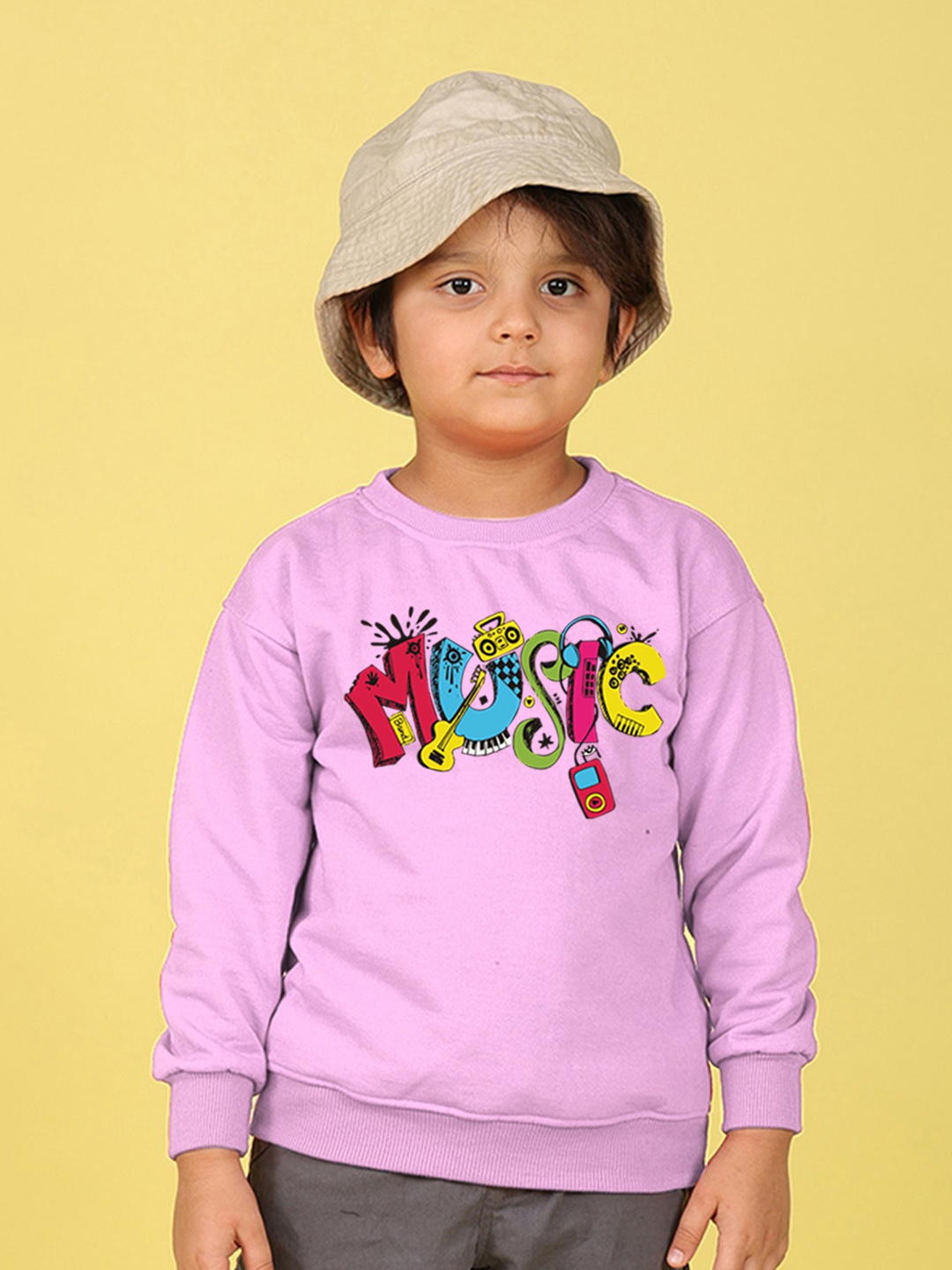 NUSYL Kids Music Printed Round Neck Fleece Oversized Pullover, Purple
