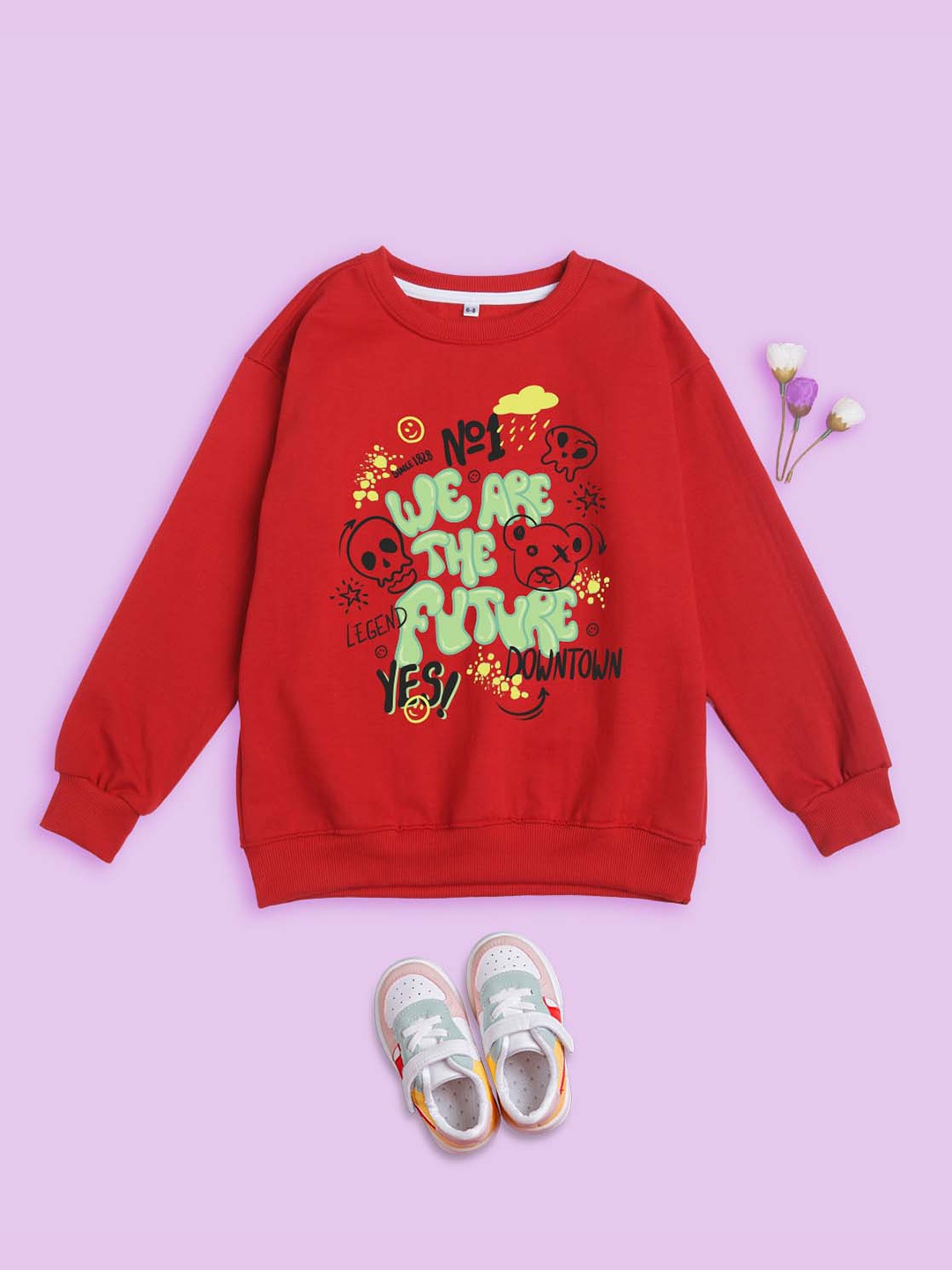 

NUSYL Kids Typography Printed Fleece Pullover Oversized Sweatshirt, Red