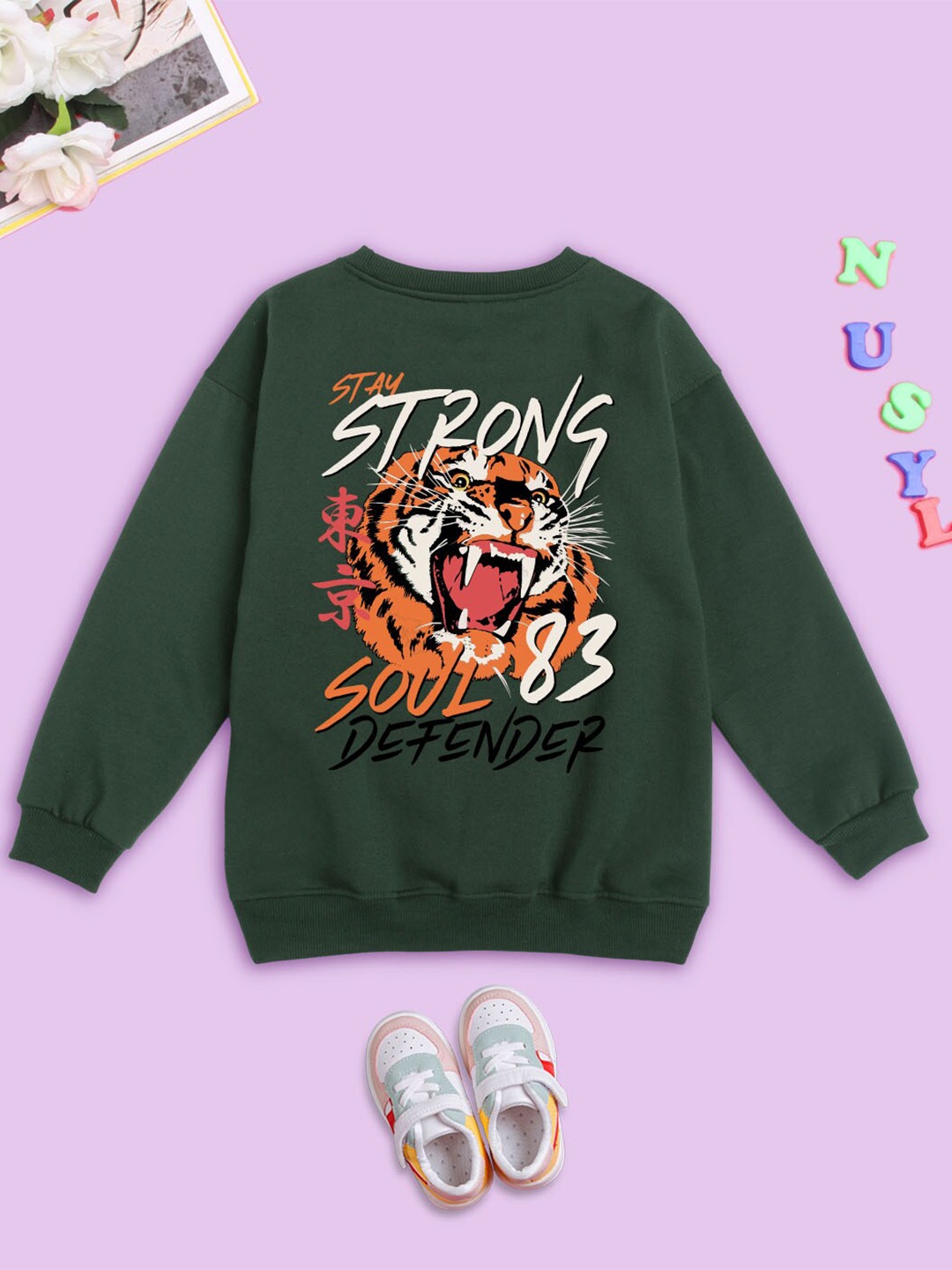 

NUSYL Kids Typography Printed Oversized Sweatshirt, Olive