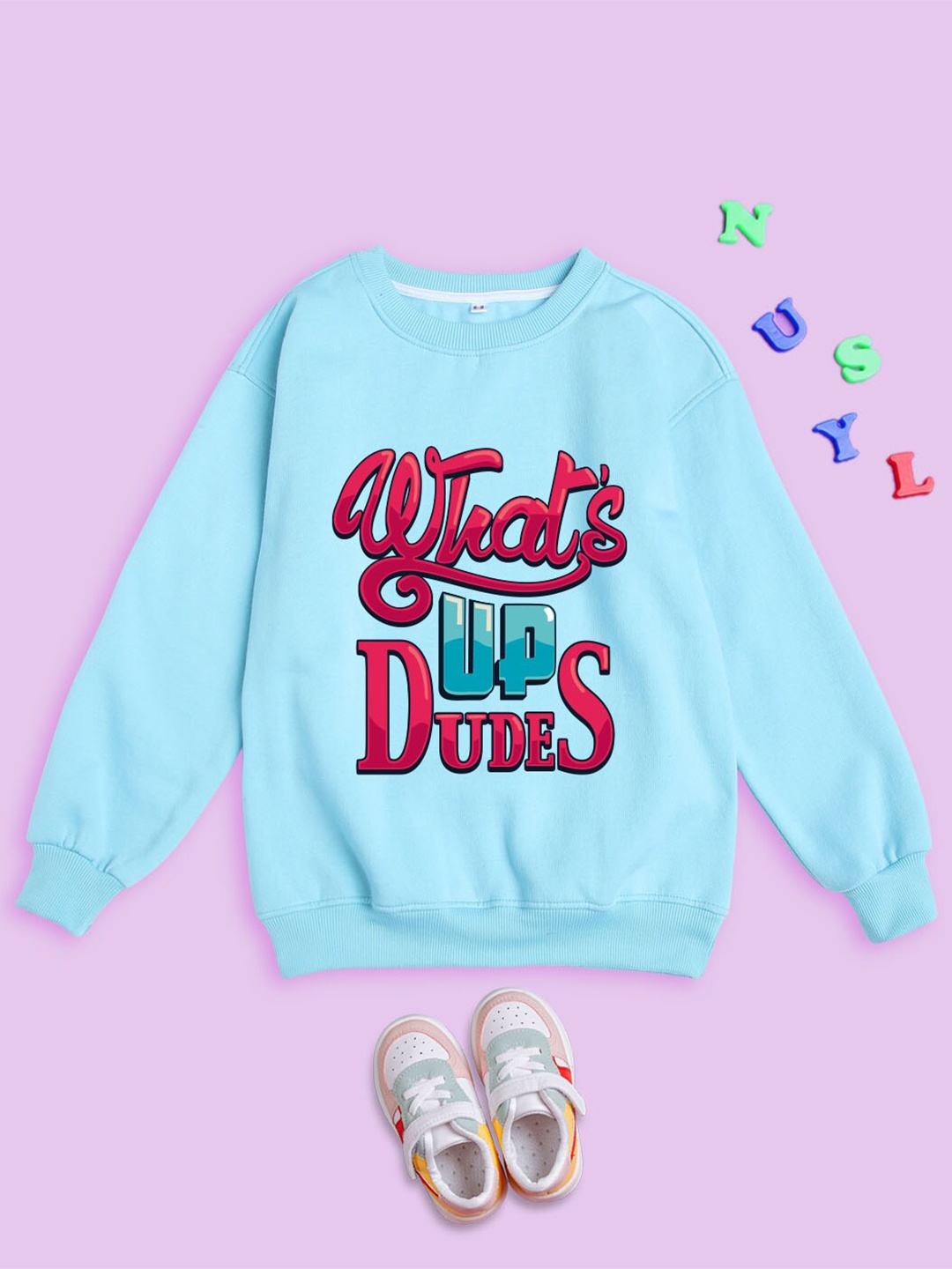 

NUSYL Kids Typography Printed Fleece Pullover Oversized Sweatshirt, Blue