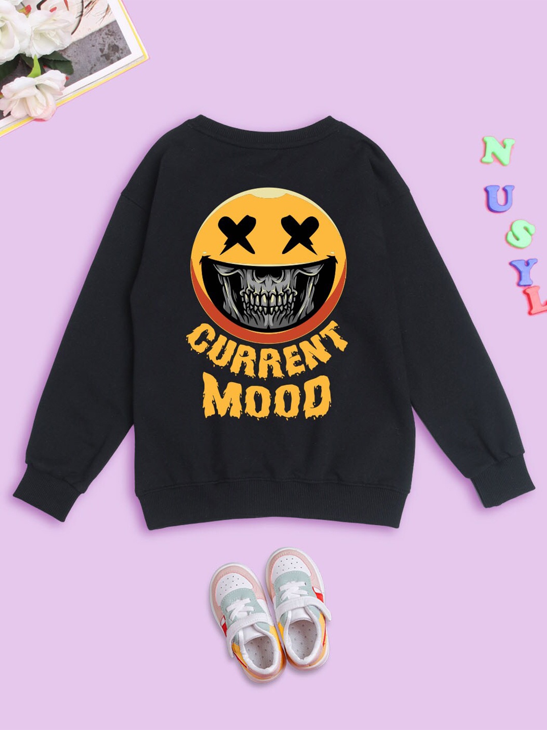 

NUSYL Kids Graphic Printed Oversized Fleece Sweatshirt, Black