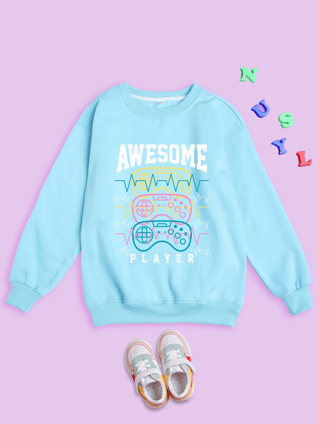 

NUSYL Kids Graphic Printed Oversized Fleece Pullover, Blue