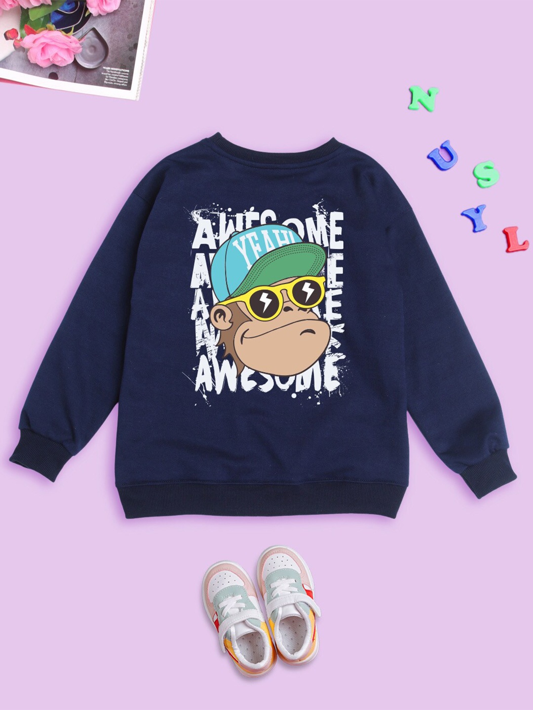 

NUSYL Kids Graphic Printed Oversized Fleece Pullover, Blue