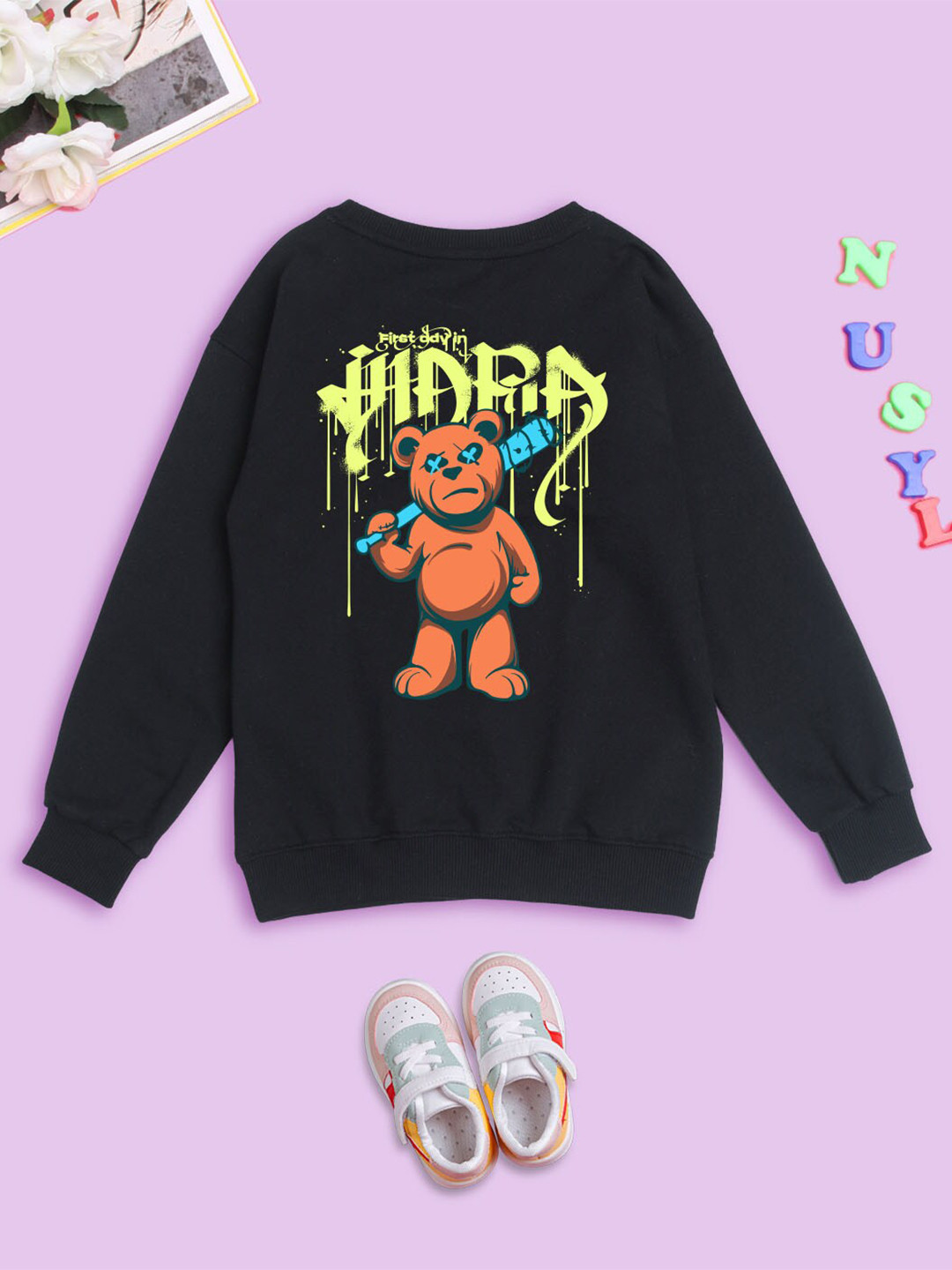 

NUSYL Kids Graphic Printed Oversized Fleece Sweatshirt, Black