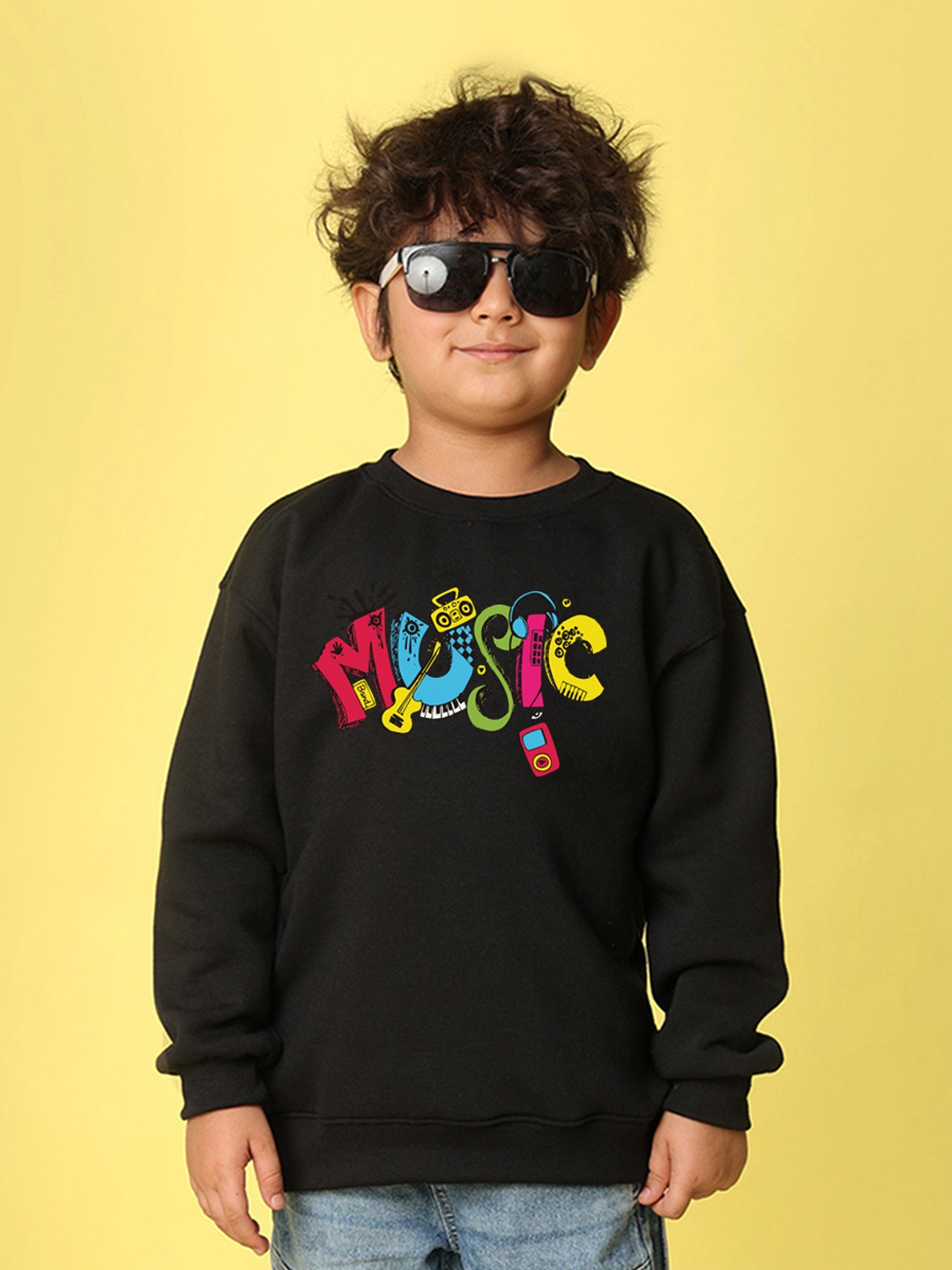 NUSYL Kids Graphic Printed Fleece Oversized Sweatshirt, Black