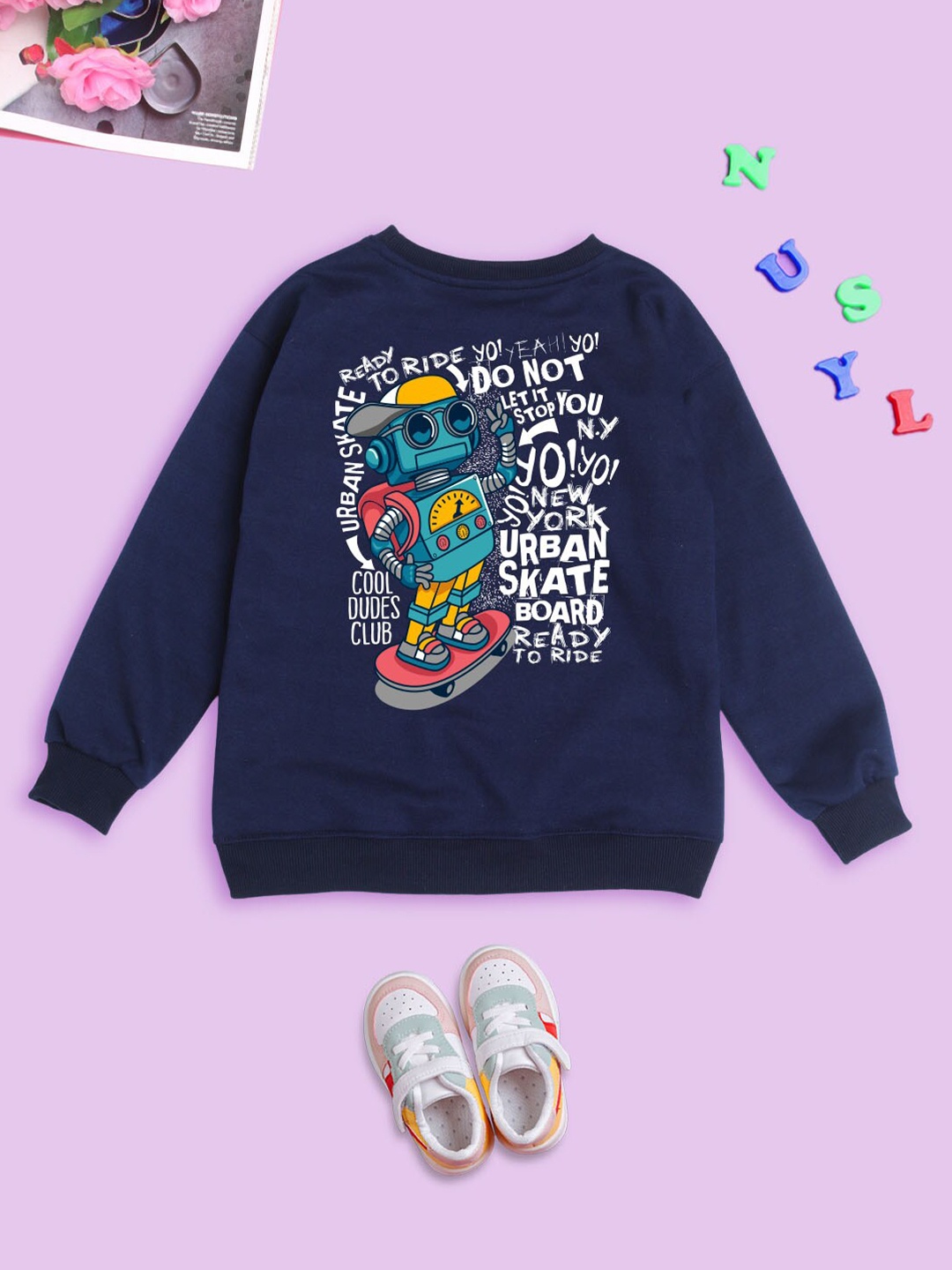 

NUSYL Kids Graphic Printed Round Neck Long Sleeve Fleece Pullover Oversized Sweatshirt, Blue