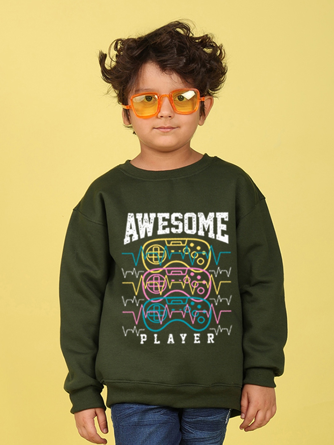 

NUSYL Kids Typography Printed Oversized Fleece Pullover, Green