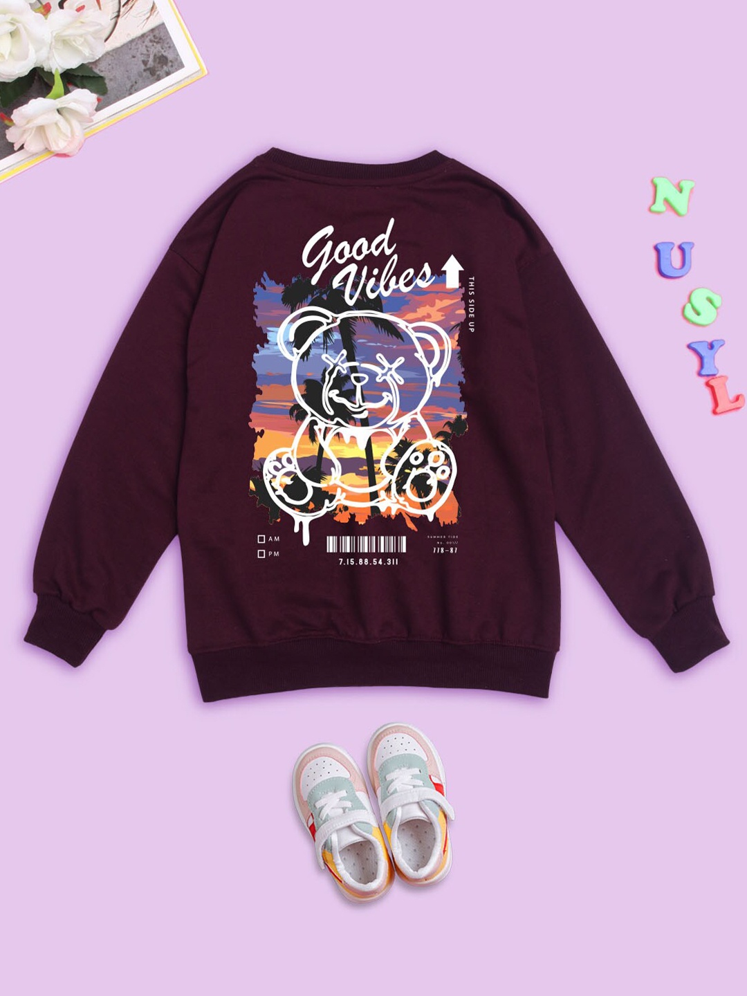 

NUSYL Kids Graphic Printed Oversized Pullover Sweatshirt, Maroon