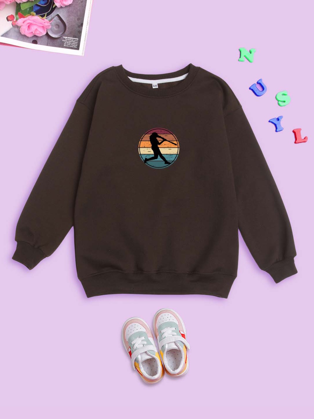 

NUSYL Kids Graphic Printed Fleece Oversized Pullover, Brown