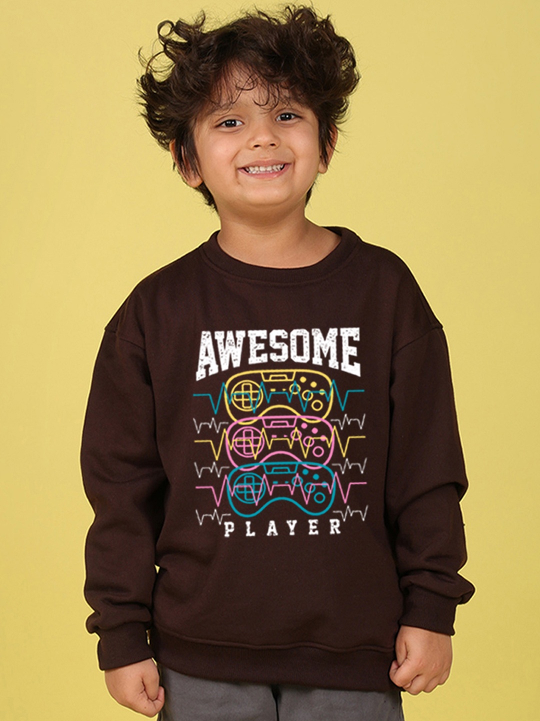 NUSYL Kids Printed Oversized Fleece Sweatshirt, Brown