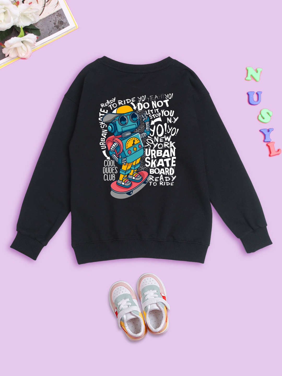 

NUSYL Kids Graphic Printed Oversized Fleece Sweatshirt, Black