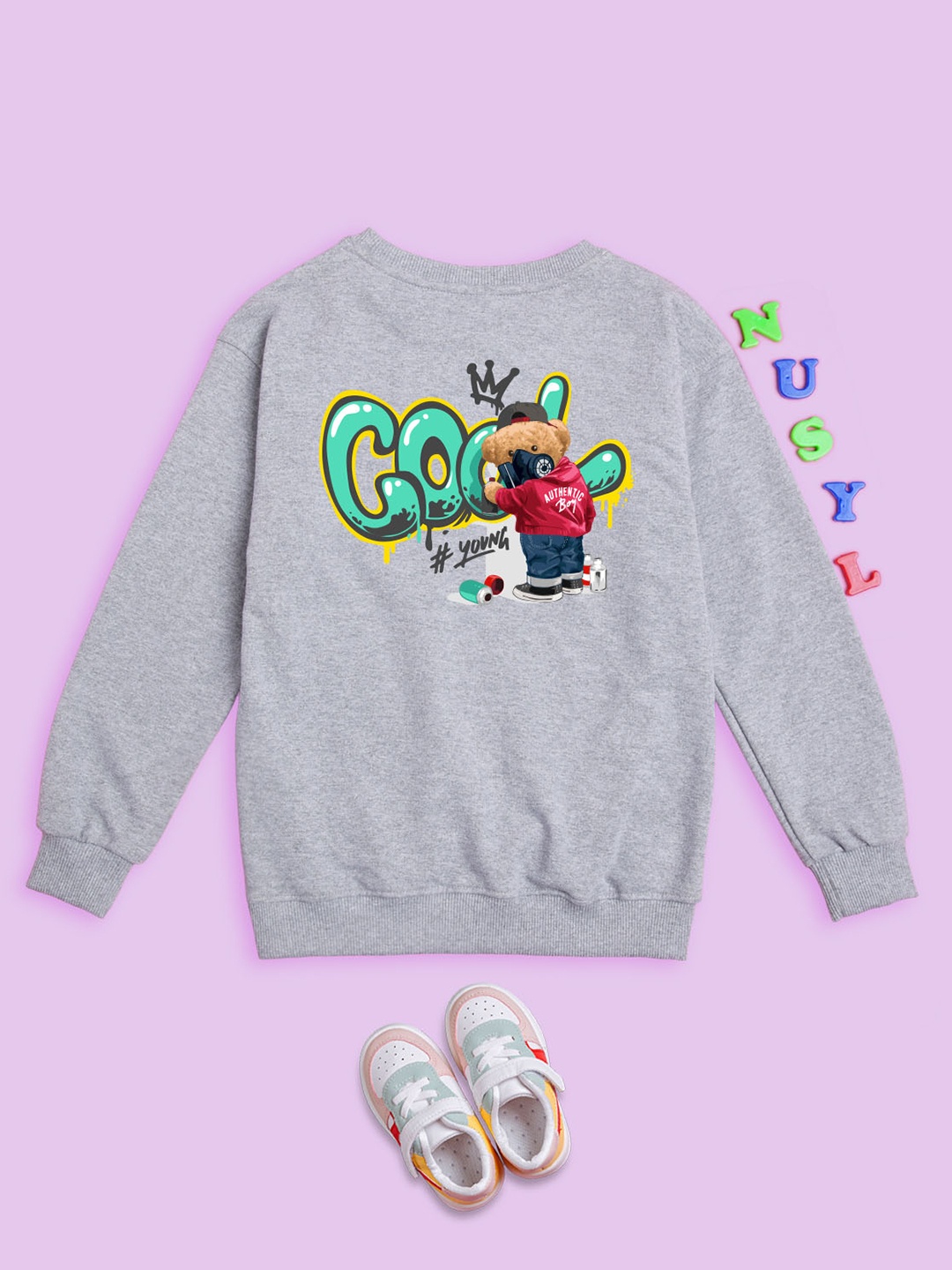 

NUSYL Kids Graphic Printed Fleece Oversized Pullover, Grey