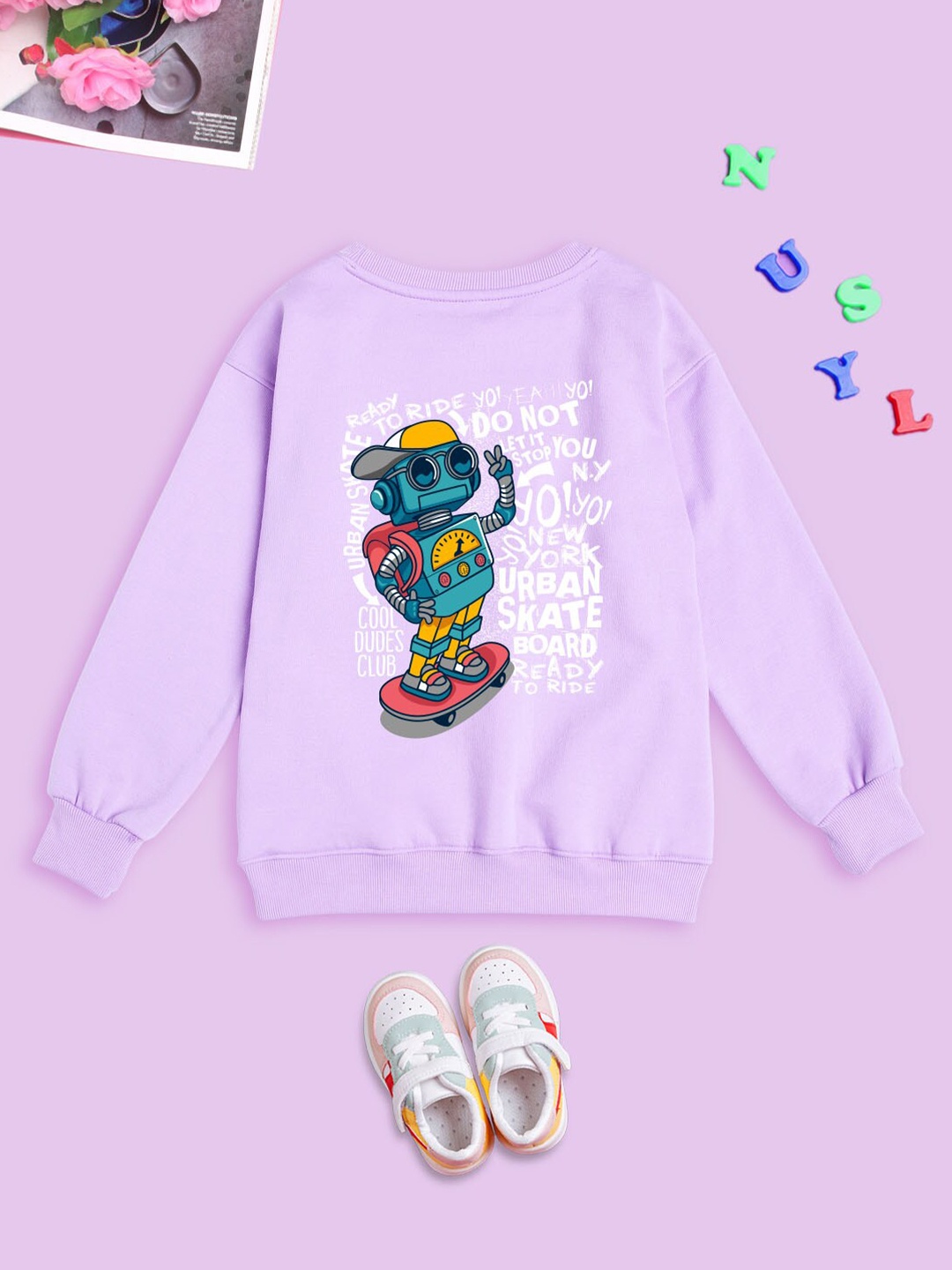 

NUSYL Kids Graphic Printed Long Sleeves Oversized Fleece Sweatshirt, Purple