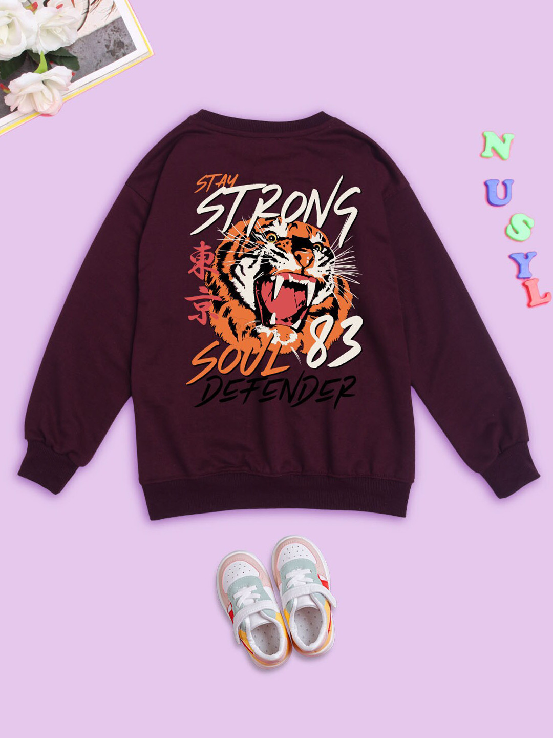 

NUSYL Kids Graphic Printed Oversized Fleece Sweatshirt, Maroon