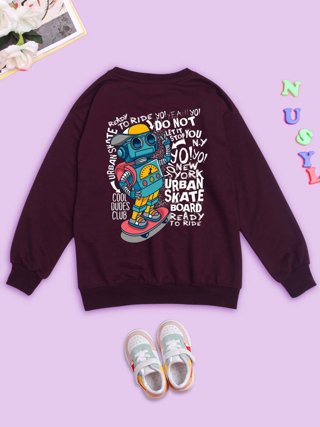 

NUSYL Kids Typography Printed Round Neck Oversized Pullover Sweatshirt, Maroon