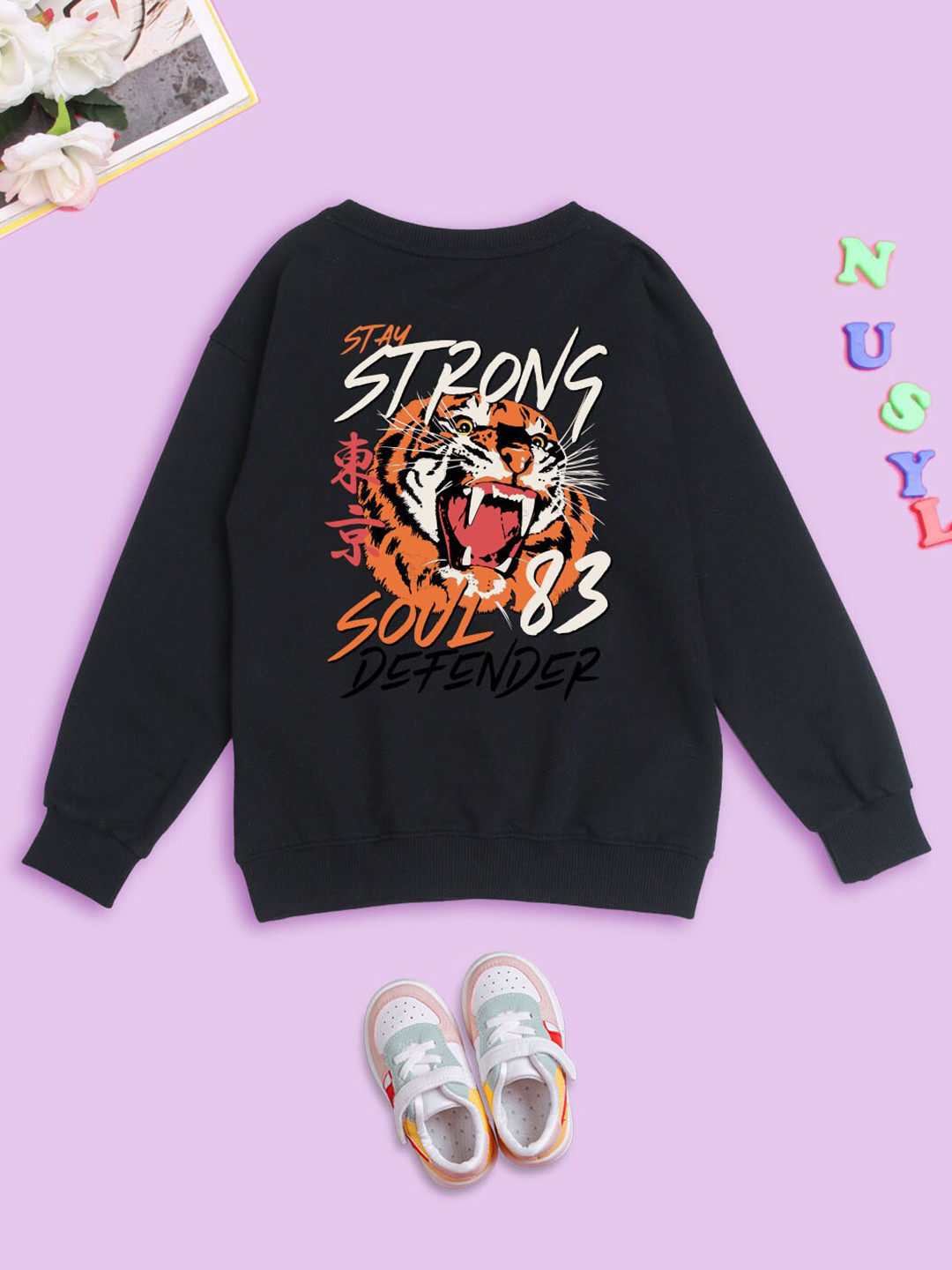 

NUSYL Kids Graphic Printed Fleece Oversized Sweatshirt, Black