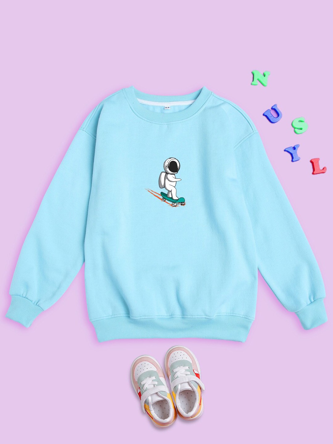 

NUSYL Kids Round Neck Graphic Printed Oversized Fleece Sweatshirt, Blue