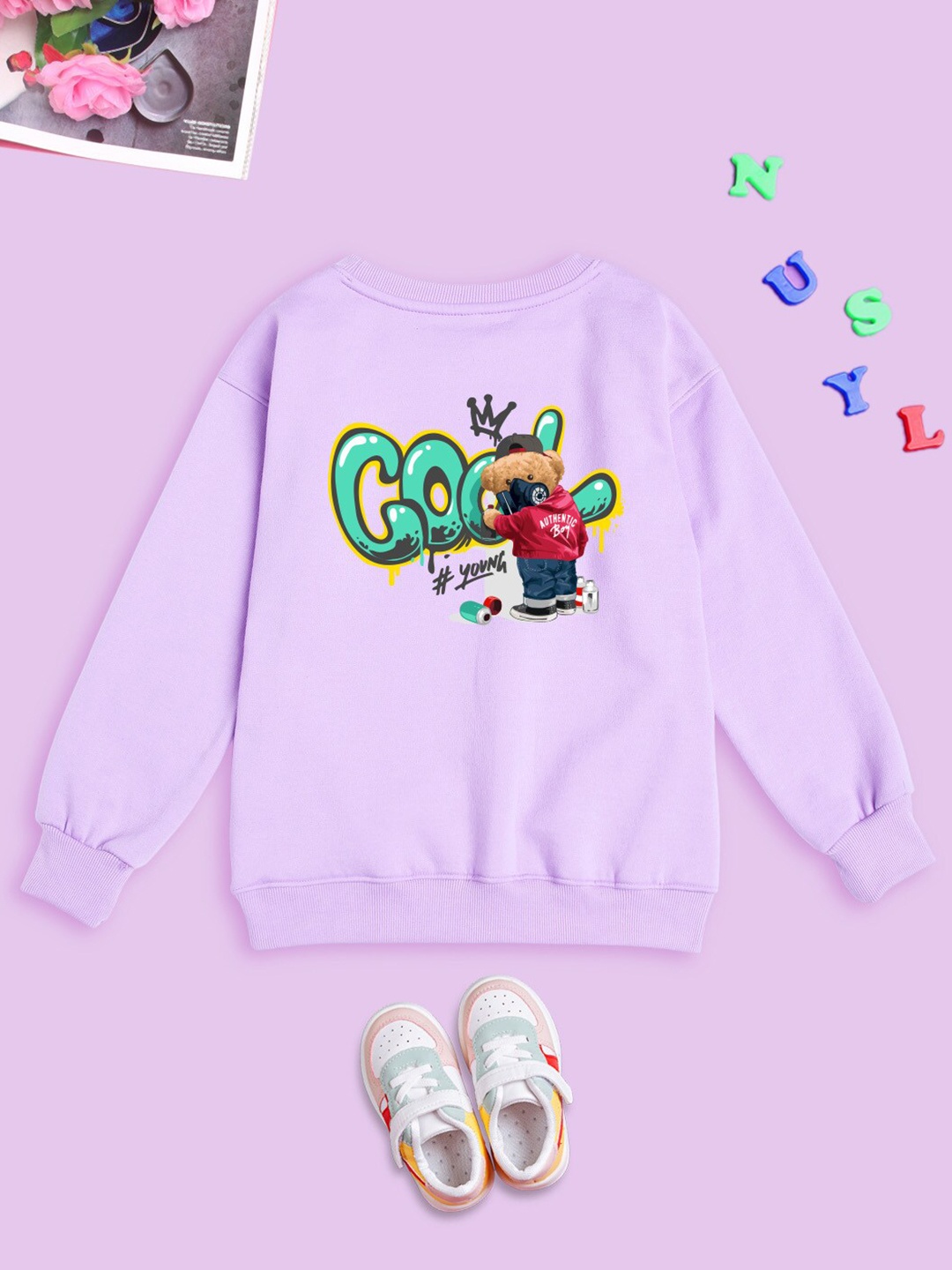 

NUSYL Kids Graphic Printed Fleece Oversized Sweatshirt, Purple