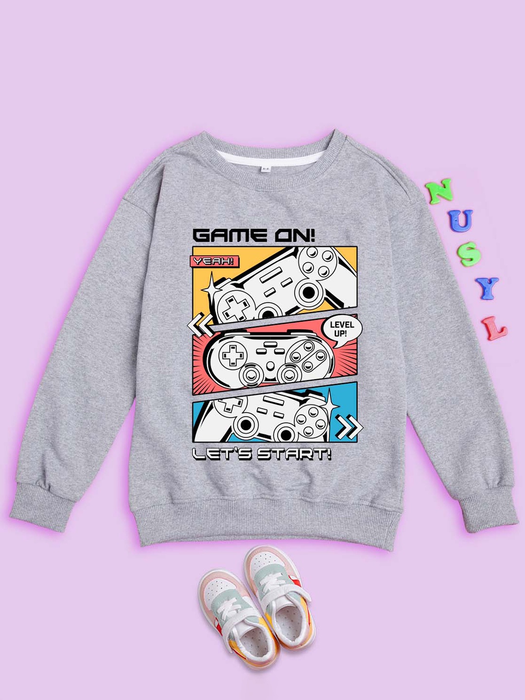 

NUSYL Kids Graphic Printed Fleece Oversized Sweatshirt, Grey