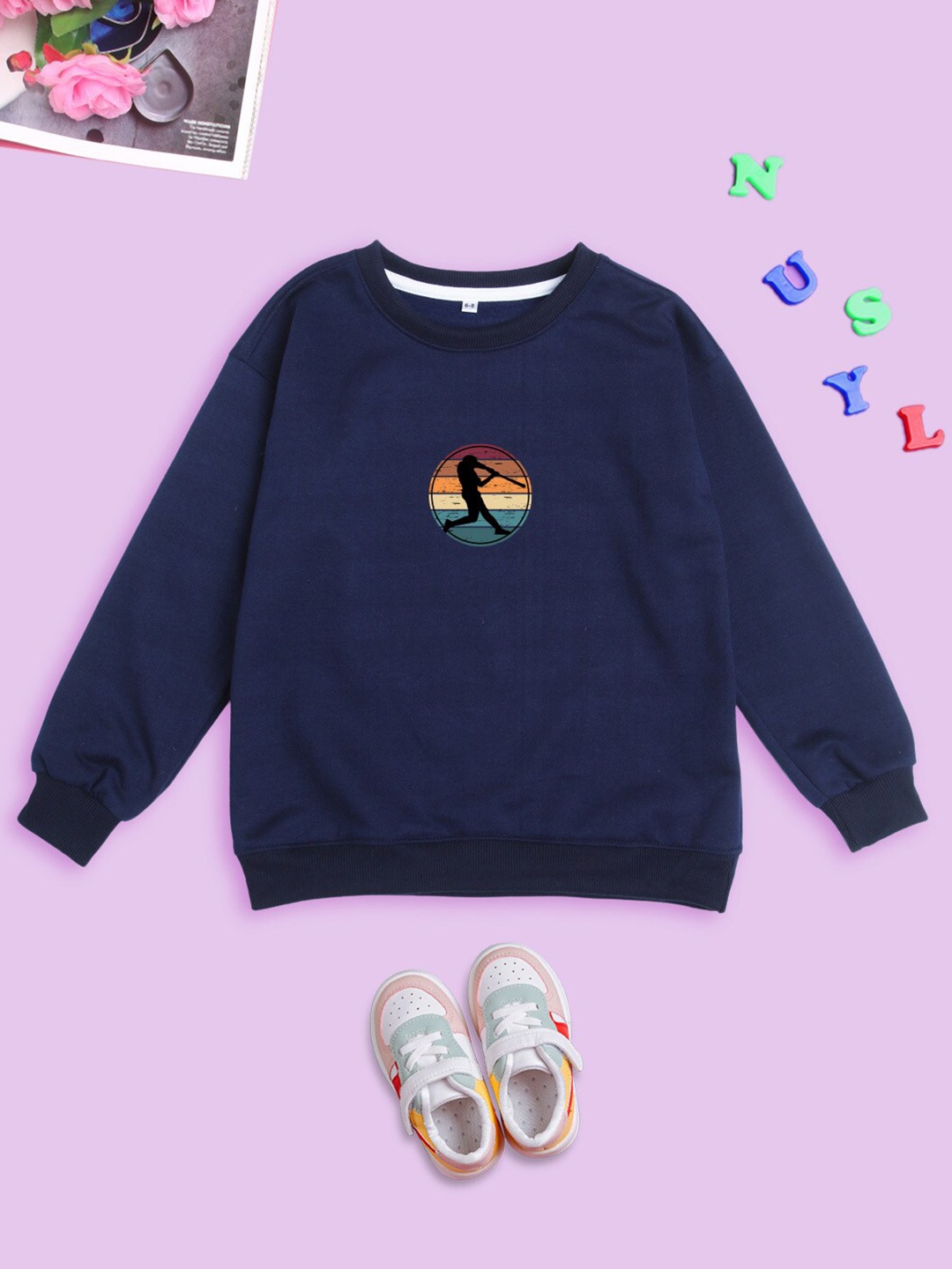 

NUSYL Kids Printed Round Neck Oversized Fleece Sweatshirt, Navy blue