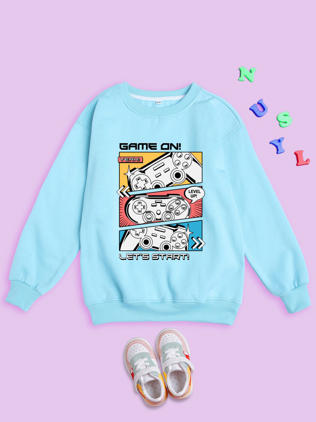 

NUSYL Unisex Kids Graphic Printed Round Neck Oversized Sweatshirt, Blue