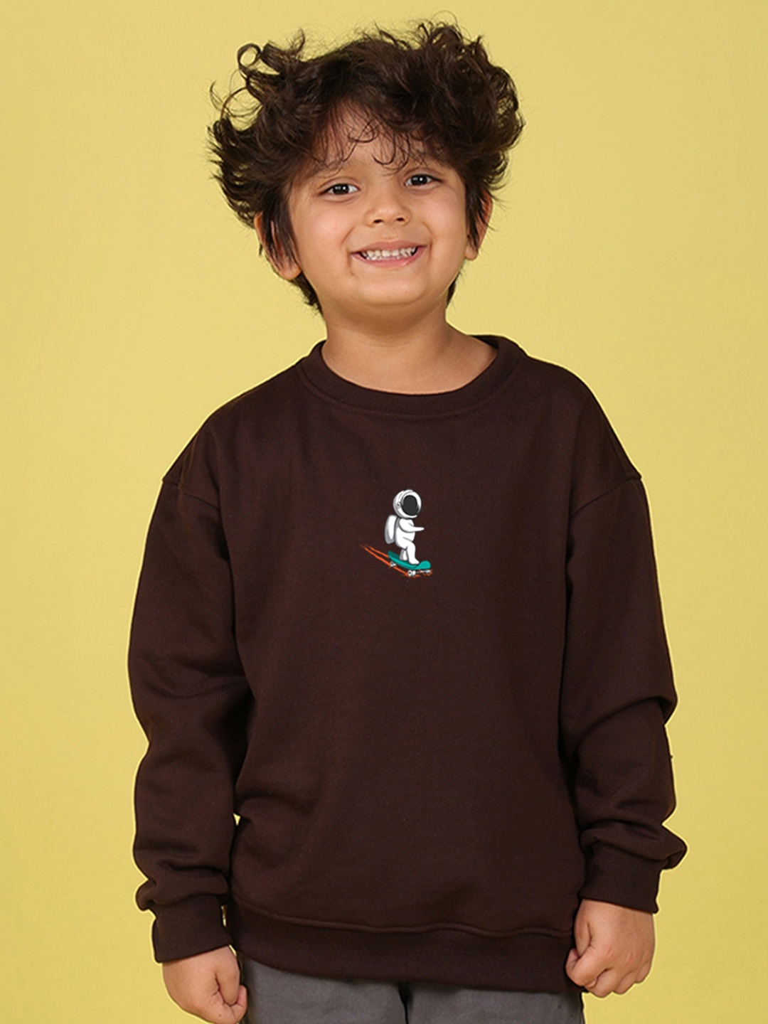 

NUSYL Kids Graphic Printed Printed Fleece Oversized Sweatshirt, Brown