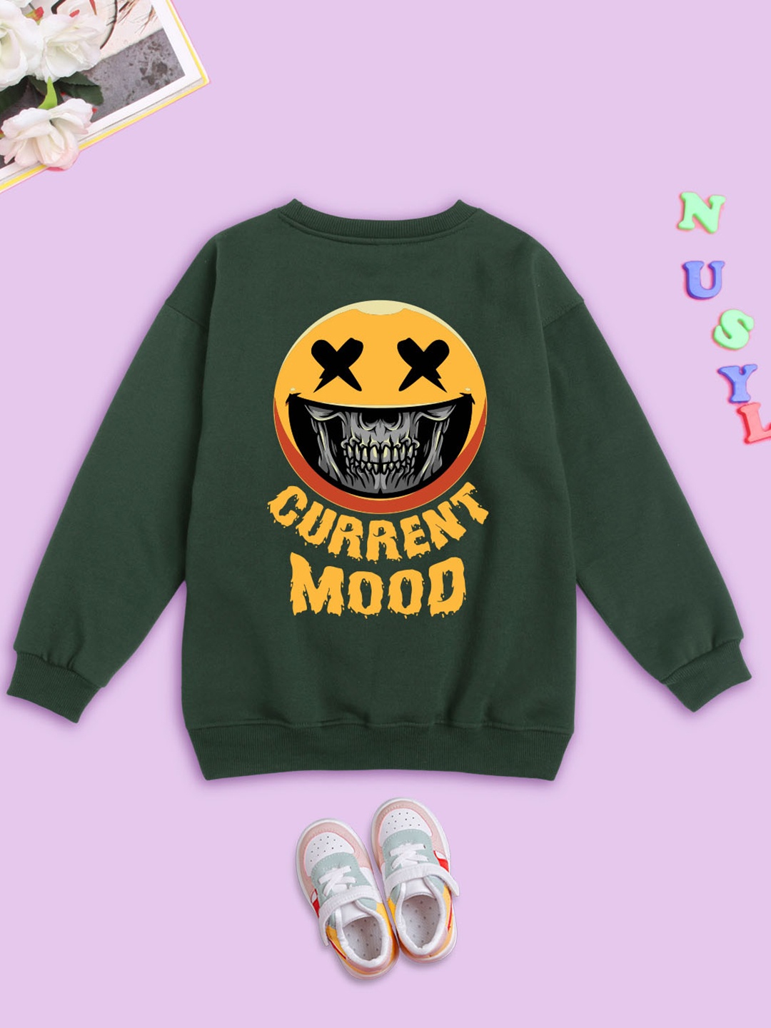 

NUSYL Kids Typography Printed Oversized Sweatshirt, Green