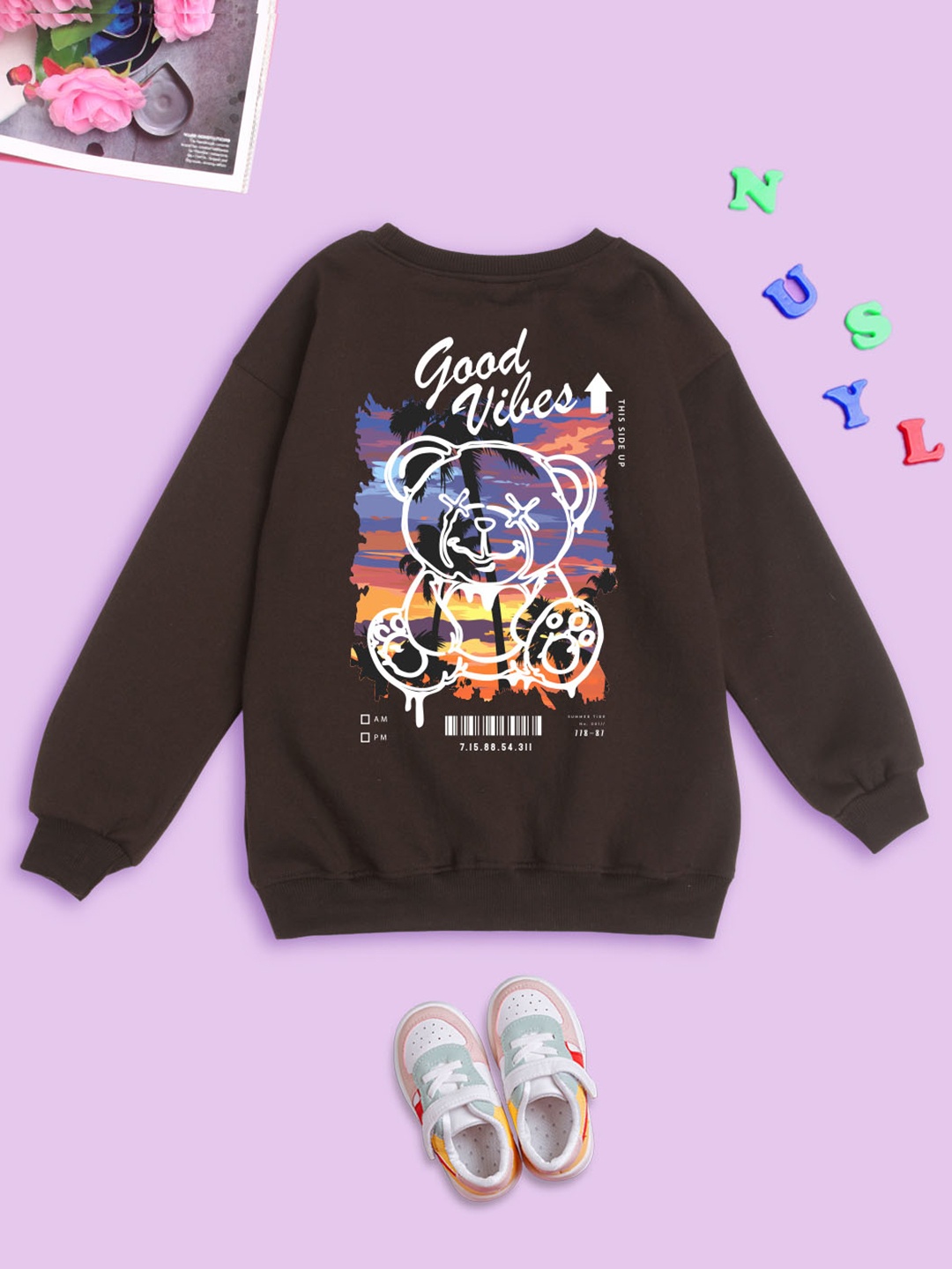 

NUSYL Kids Graphic Printed Oversized Sweatshirt, Brown