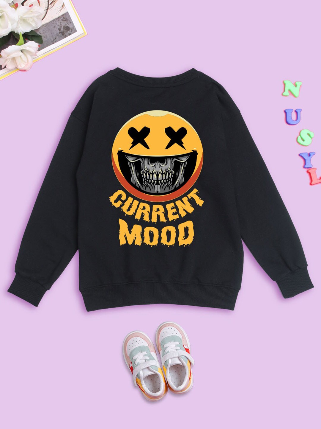 

NUSYL Kids Printed Round Neck Oversized Fleece Sweatshirt, Black