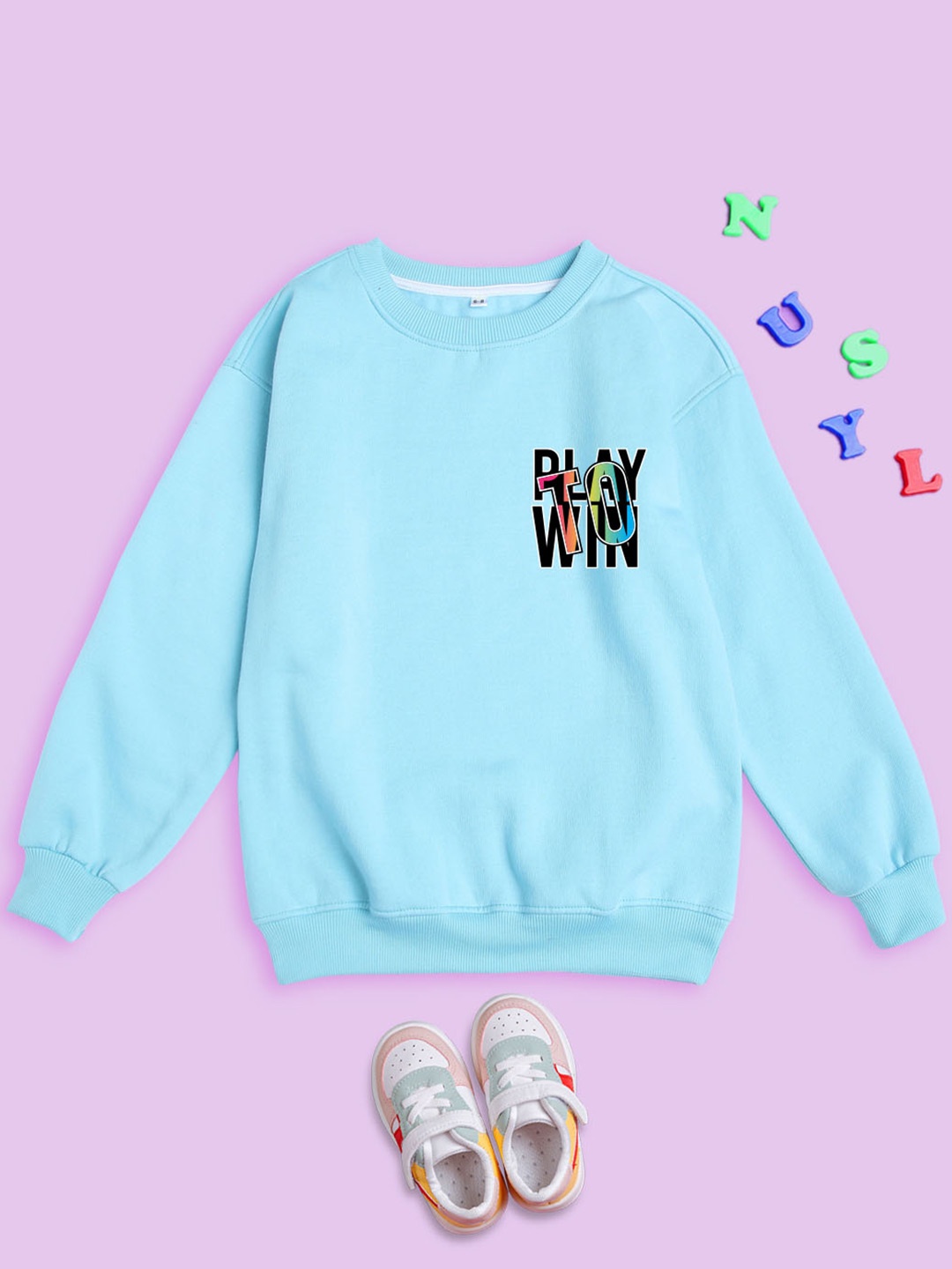 

NUSYL Kids Printed Round Neck Oversized Fleece Sweatshirt, Blue