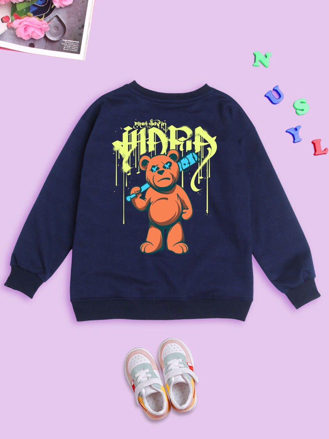

NUSYL Kids Graphic Printed Oversized Sweatshirt, Navy blue
