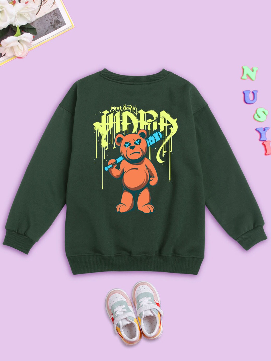 

NUSYL Unisex Kids Graphic Printed Fleece Oversized Pullover Sweatshirt, Green