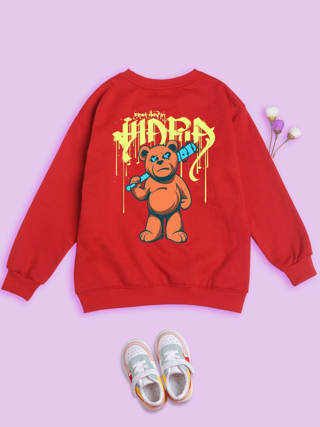 

NUSYL Kids Teddy Bear Printed Oversized Fleece Sweatshirt, Red