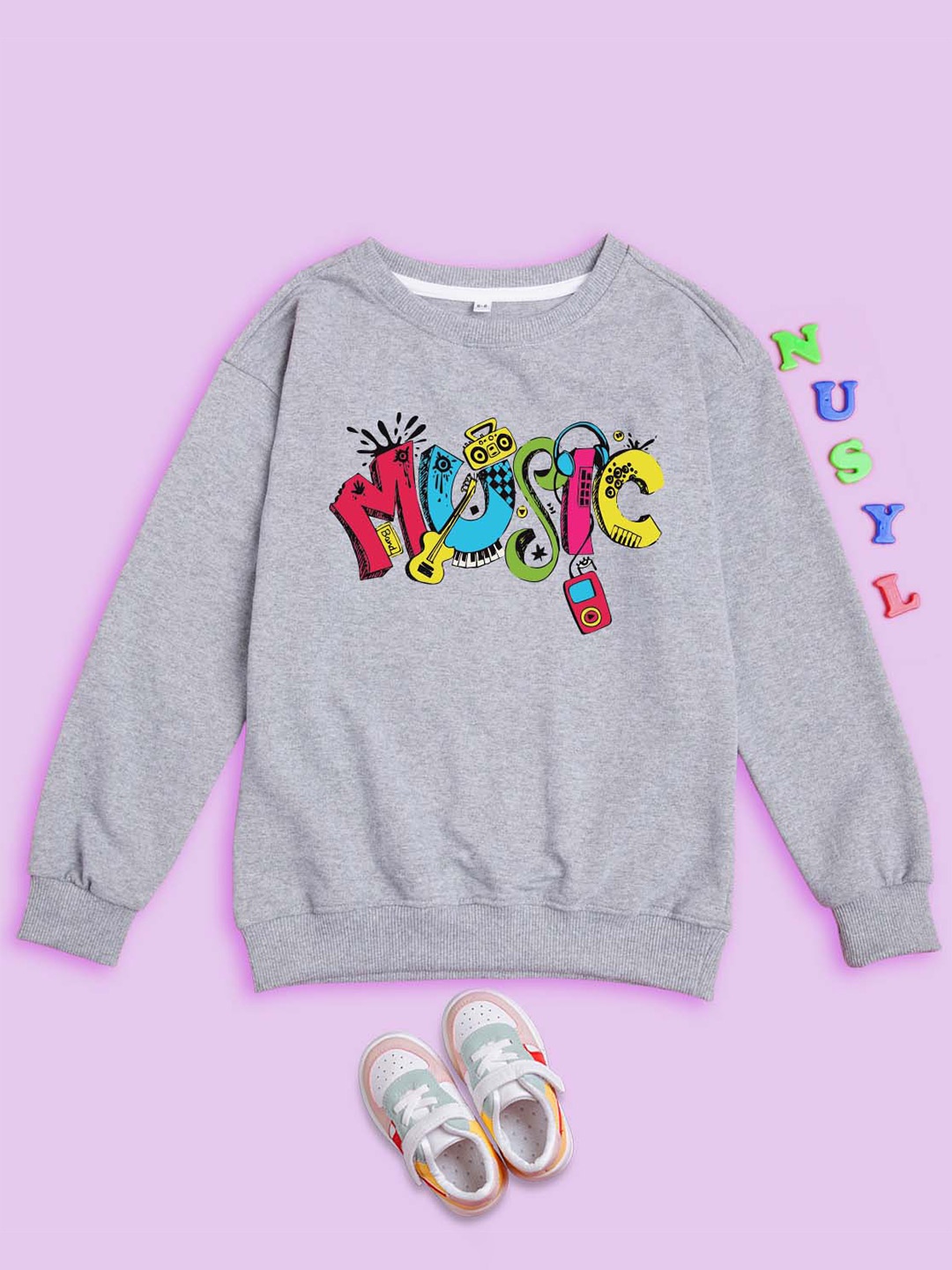 

NUSYL Kids Typography Printed Oversized Fleece Sweatshirt, Grey