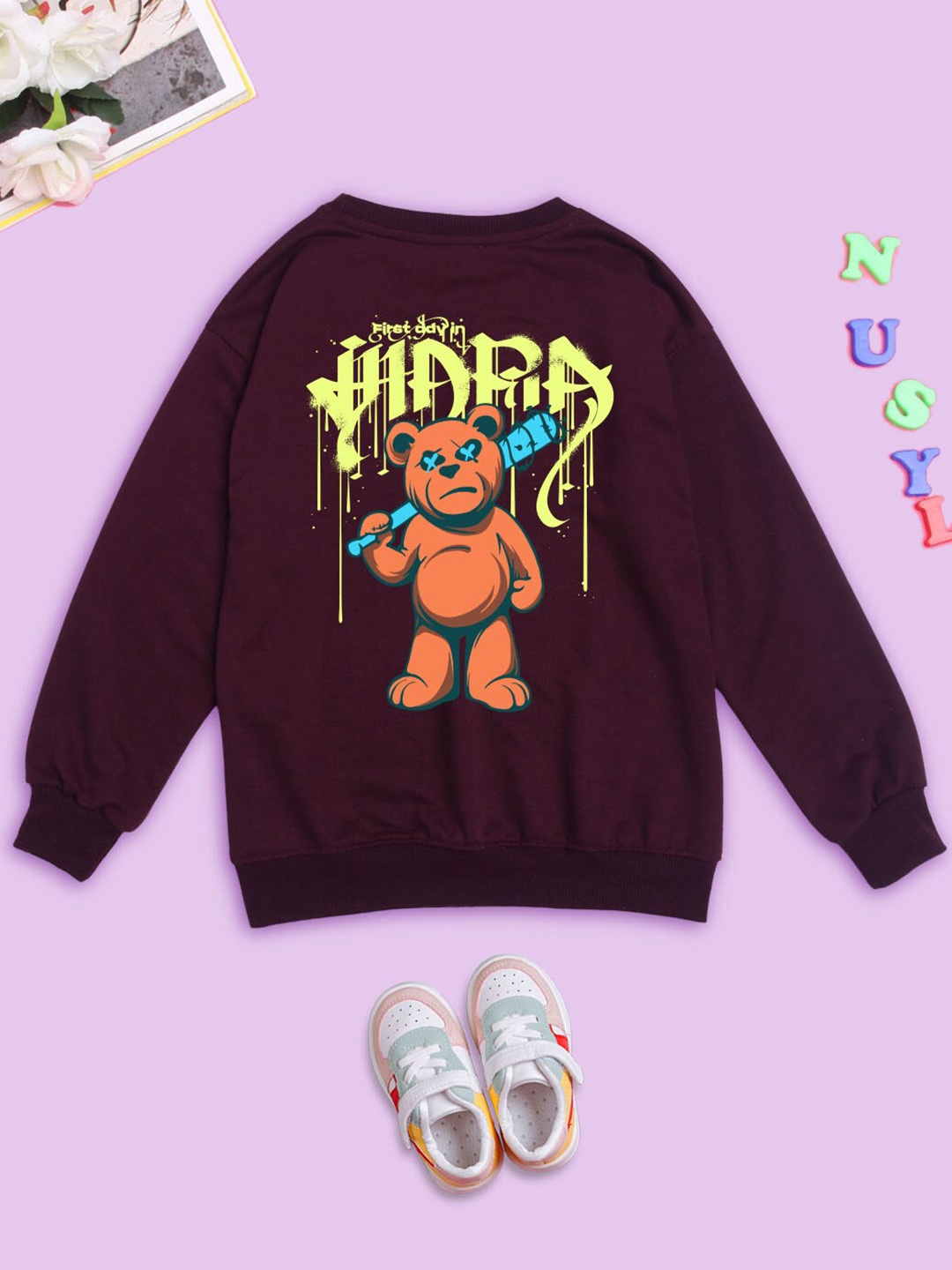 

NUSYL Unisex Kids Graphic Printed Fleece Oversized Pullover Sweatshirt, Maroon