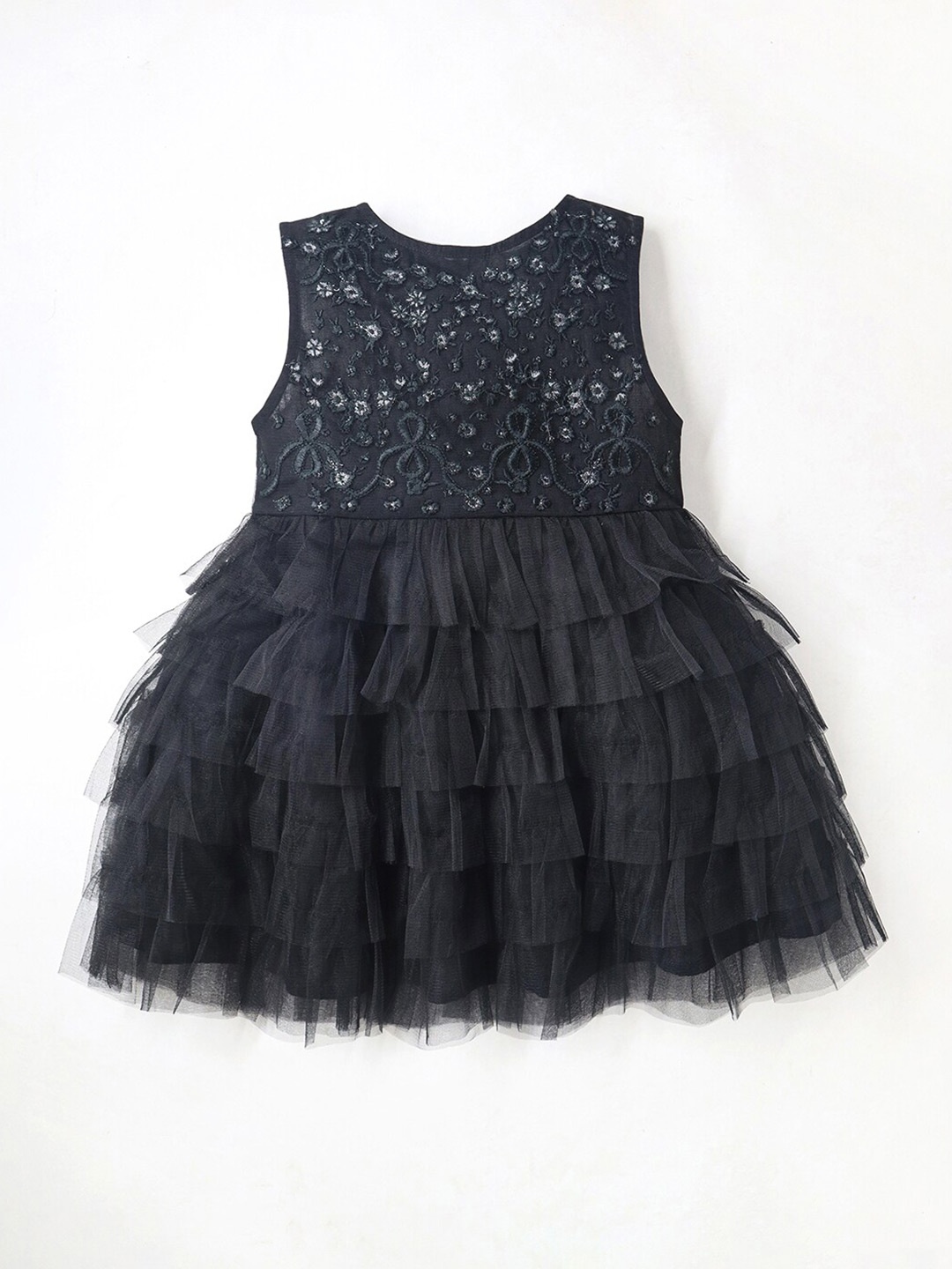 

Cherry Crumble Girls Embellished Sleeveless Layered Net Fit & Flare Dress, Black