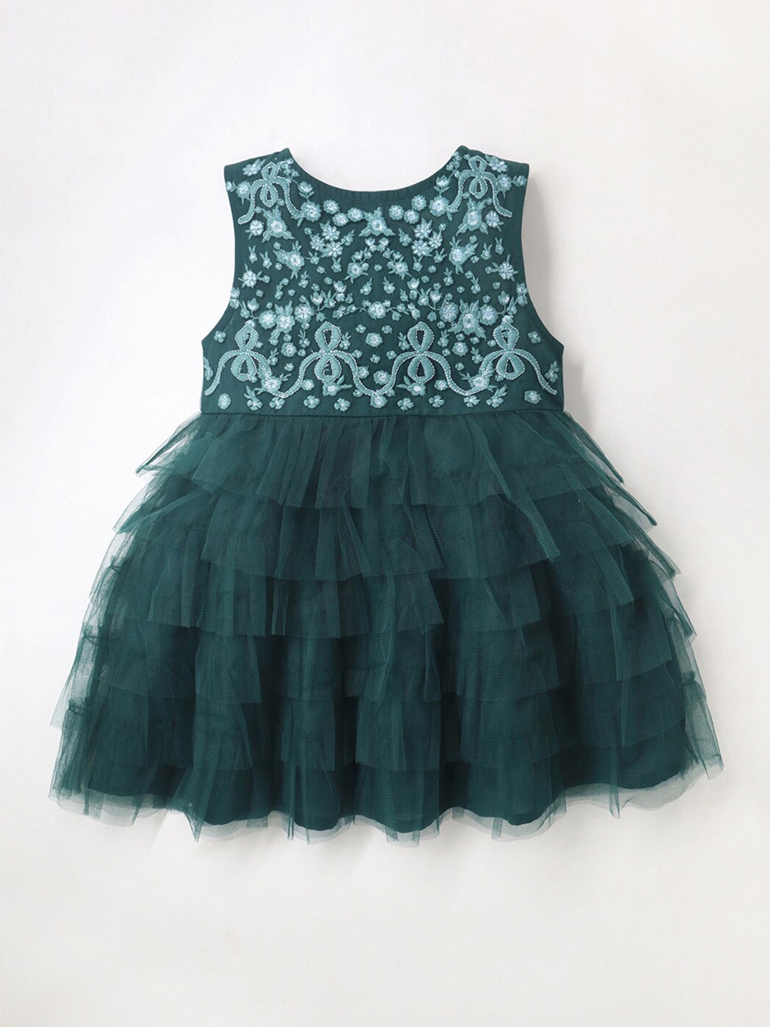 

Cherry Crumble Girls Embellished Sleeveless Layered Net Fit & Flare Dress, Green