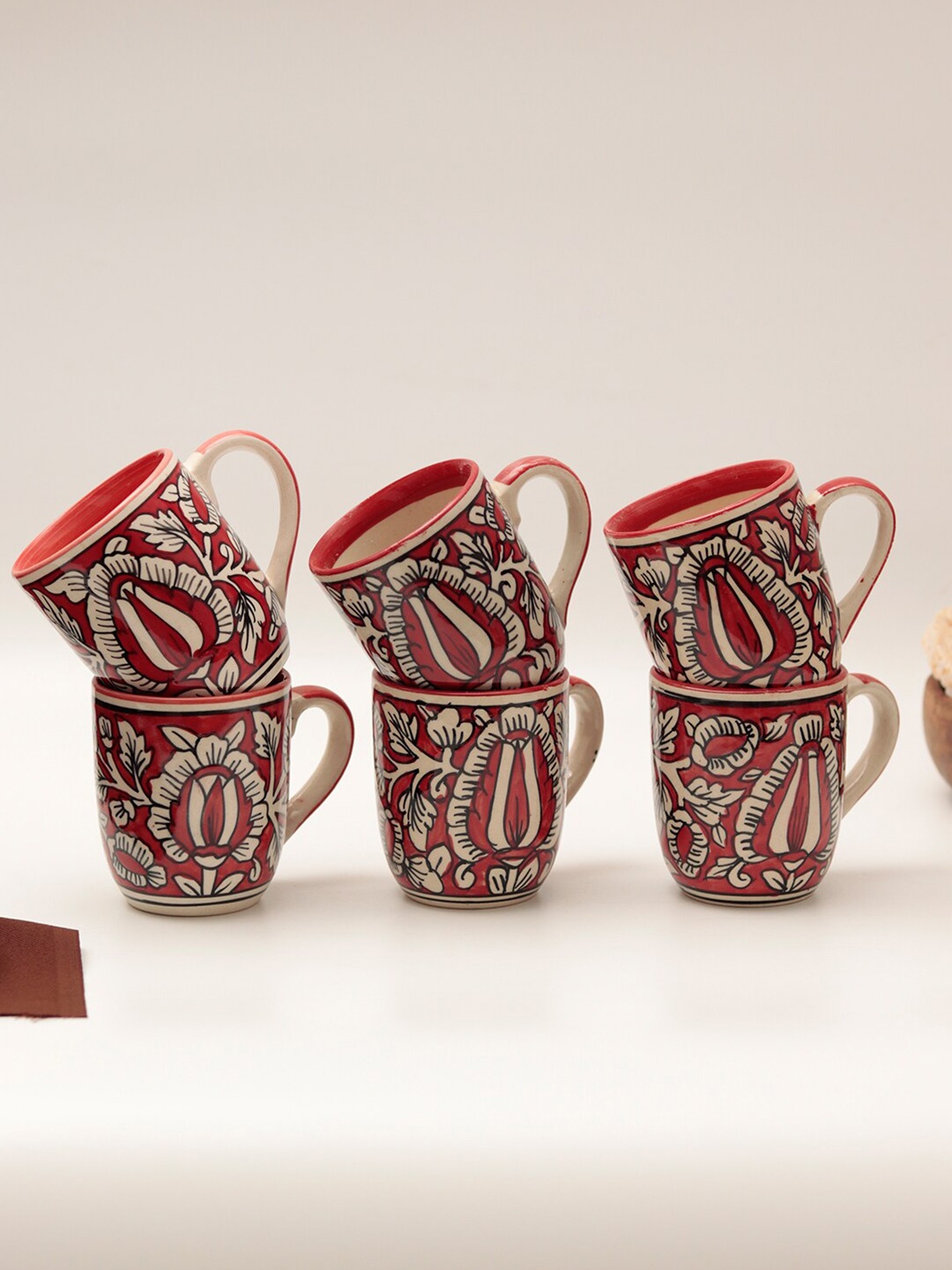 

Unravel India Red & Beige 6 Pieces Printed Ceramic Matte Mugs 150 ml Each