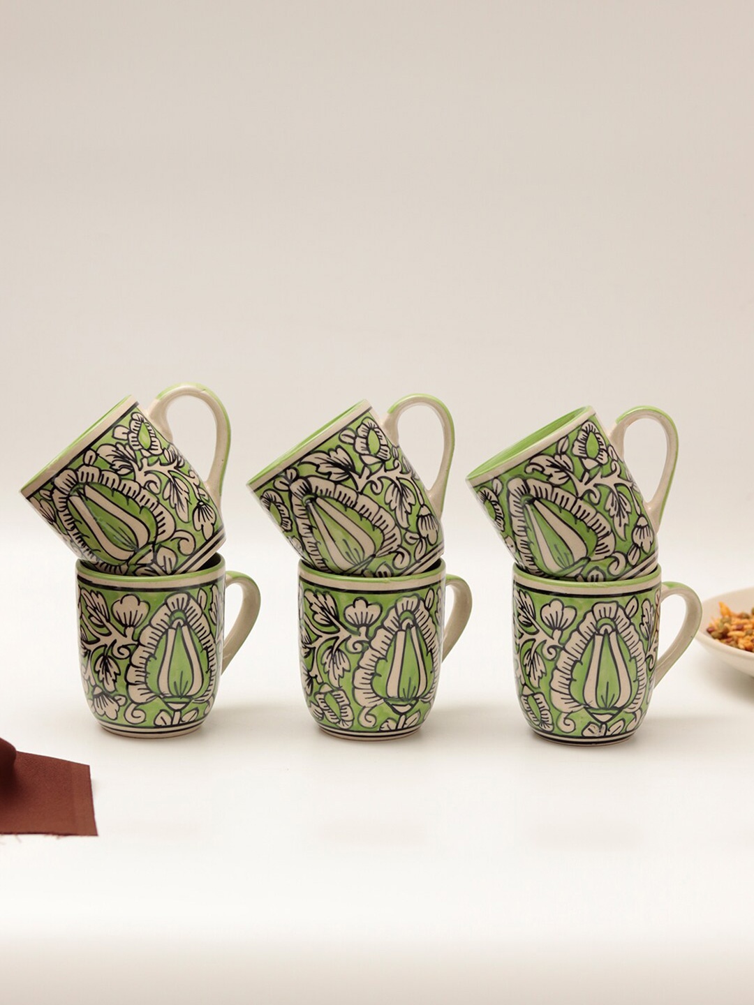 

Unravel India Green & Beige 6 Pieces Printed Ceramic Matte Mugs 150 ml Each