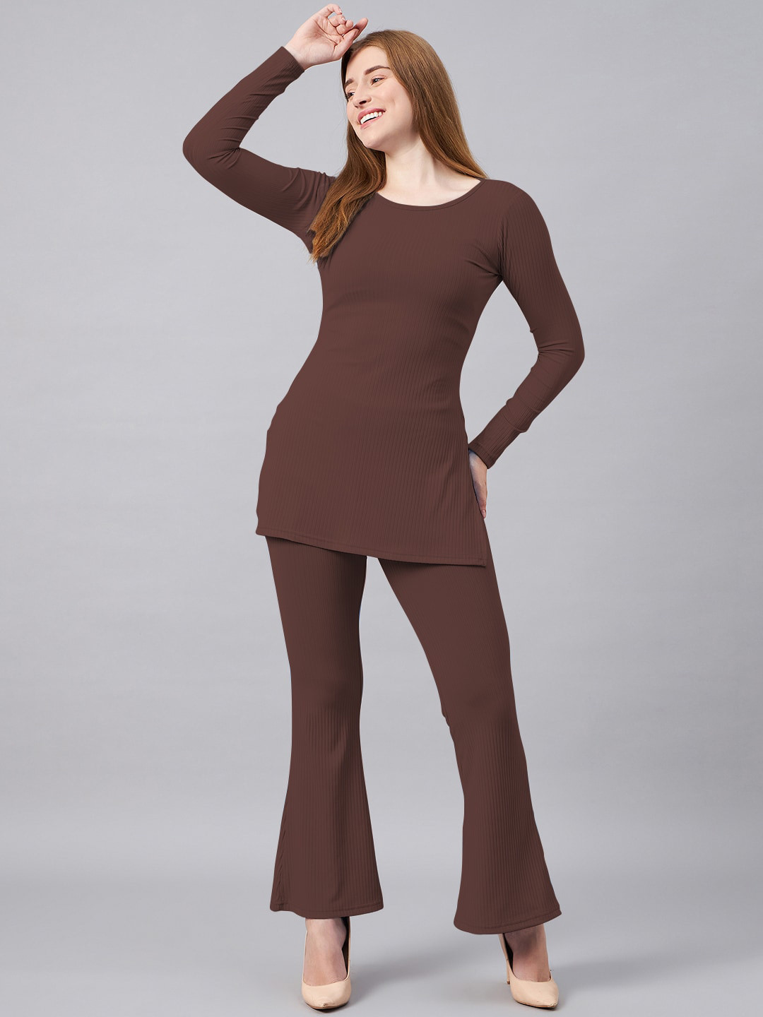 

CHROME & CORAL Self-Design Round Neck Top With Trouser, Brown