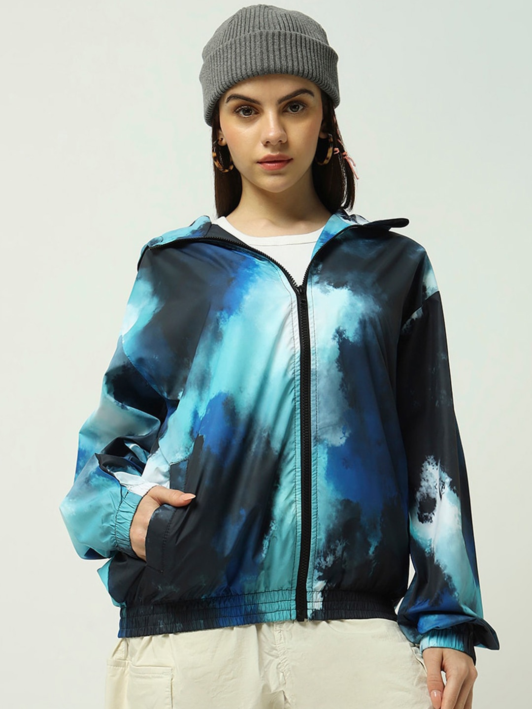 

Bewakoof Air 1.0 Printed Hooded Windcheater Bomber Jacket, Blue