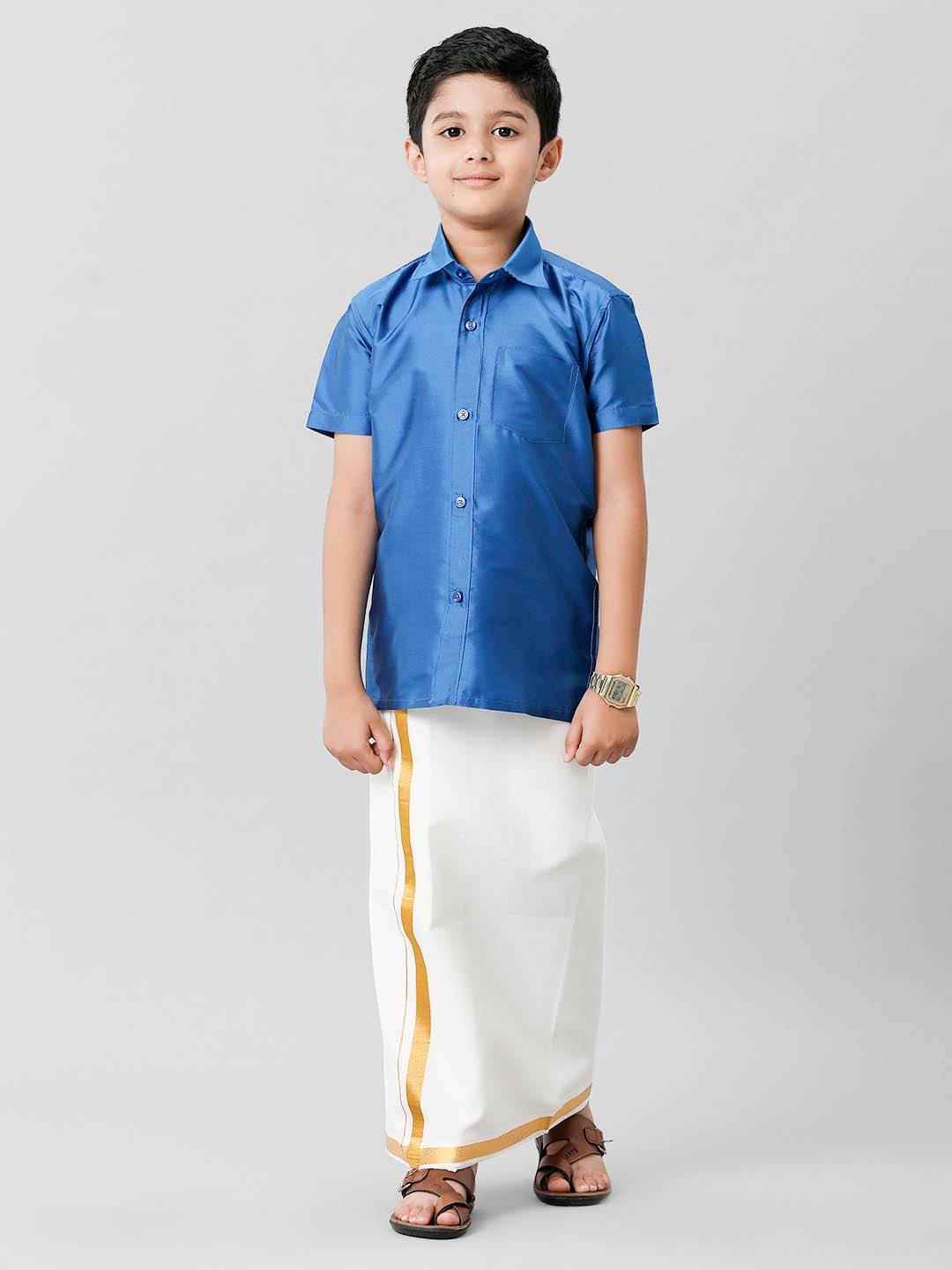 

Ramraj Boys Shirt Collar Shirt With Adjustable Veshti, Blue