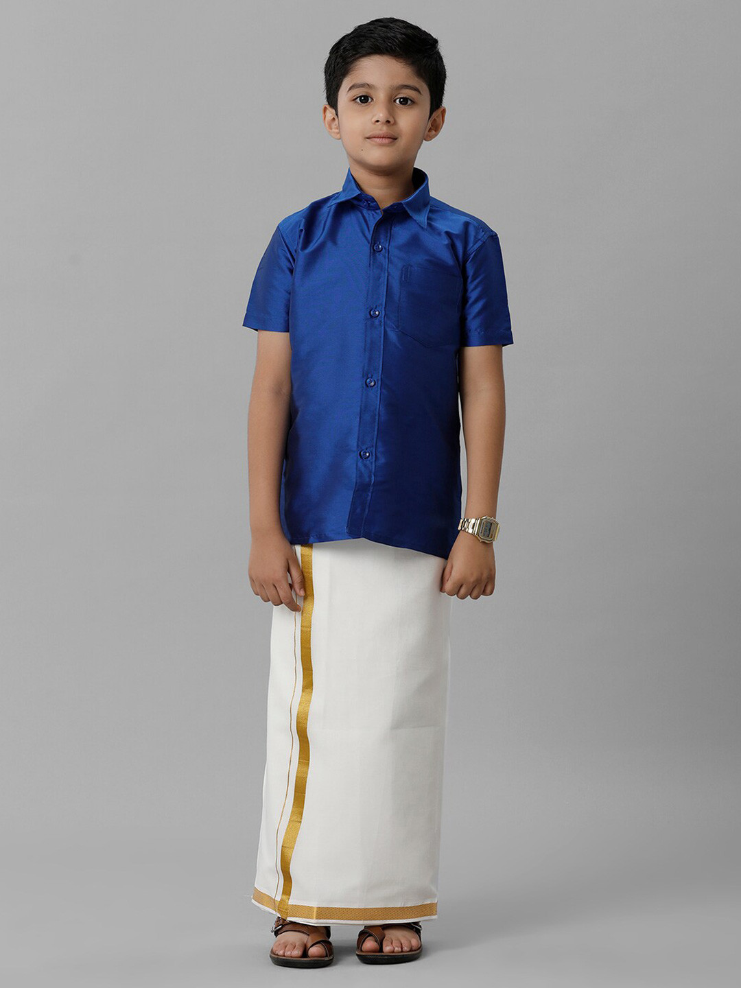 

Ramraj Boys Shirt Collar Short Sleeves Shirt & Adjustable Veshti, Blue