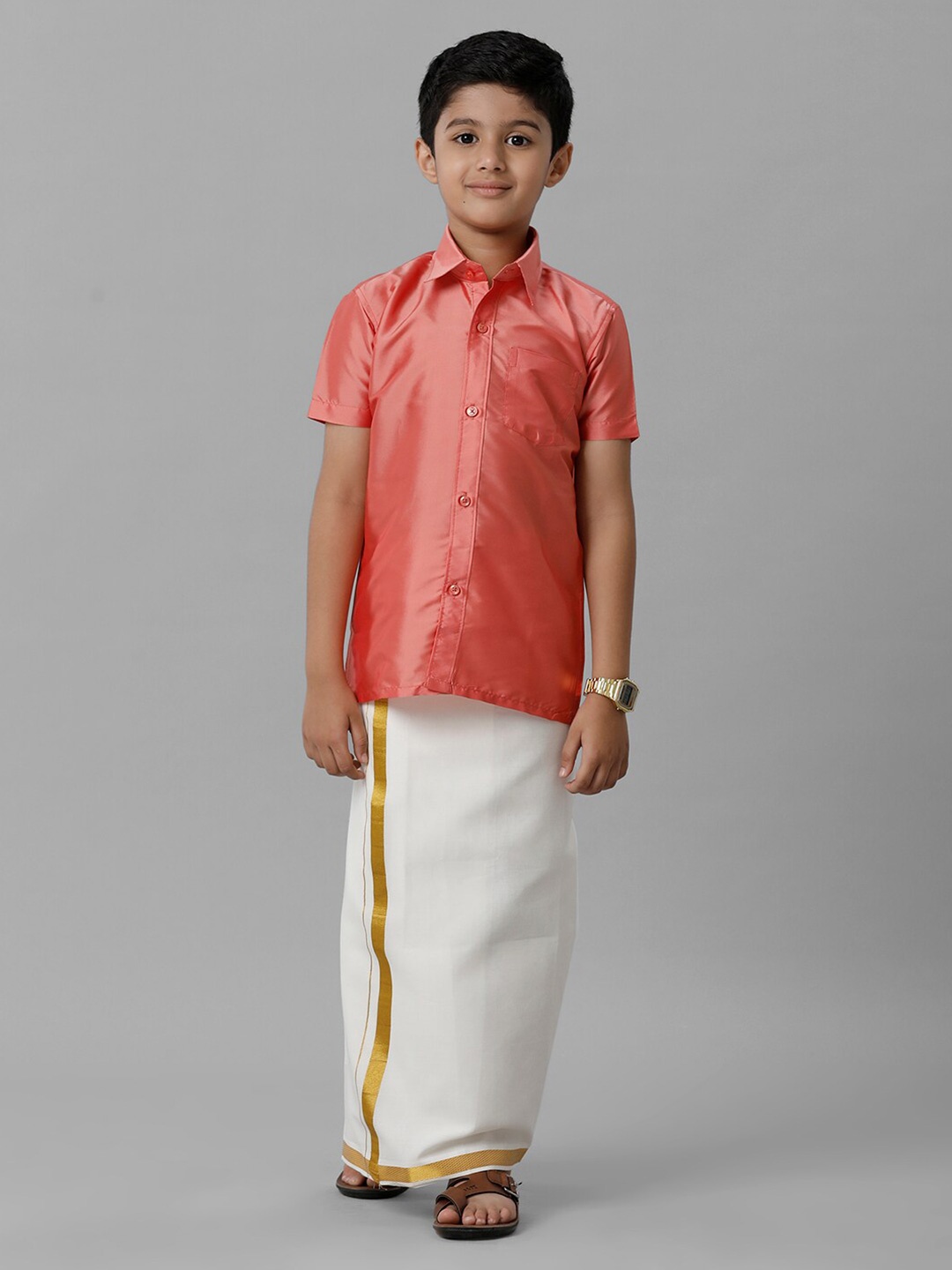 

Ramraj Boys Shirt Collar Silk Cotton Clothing Set, Pink