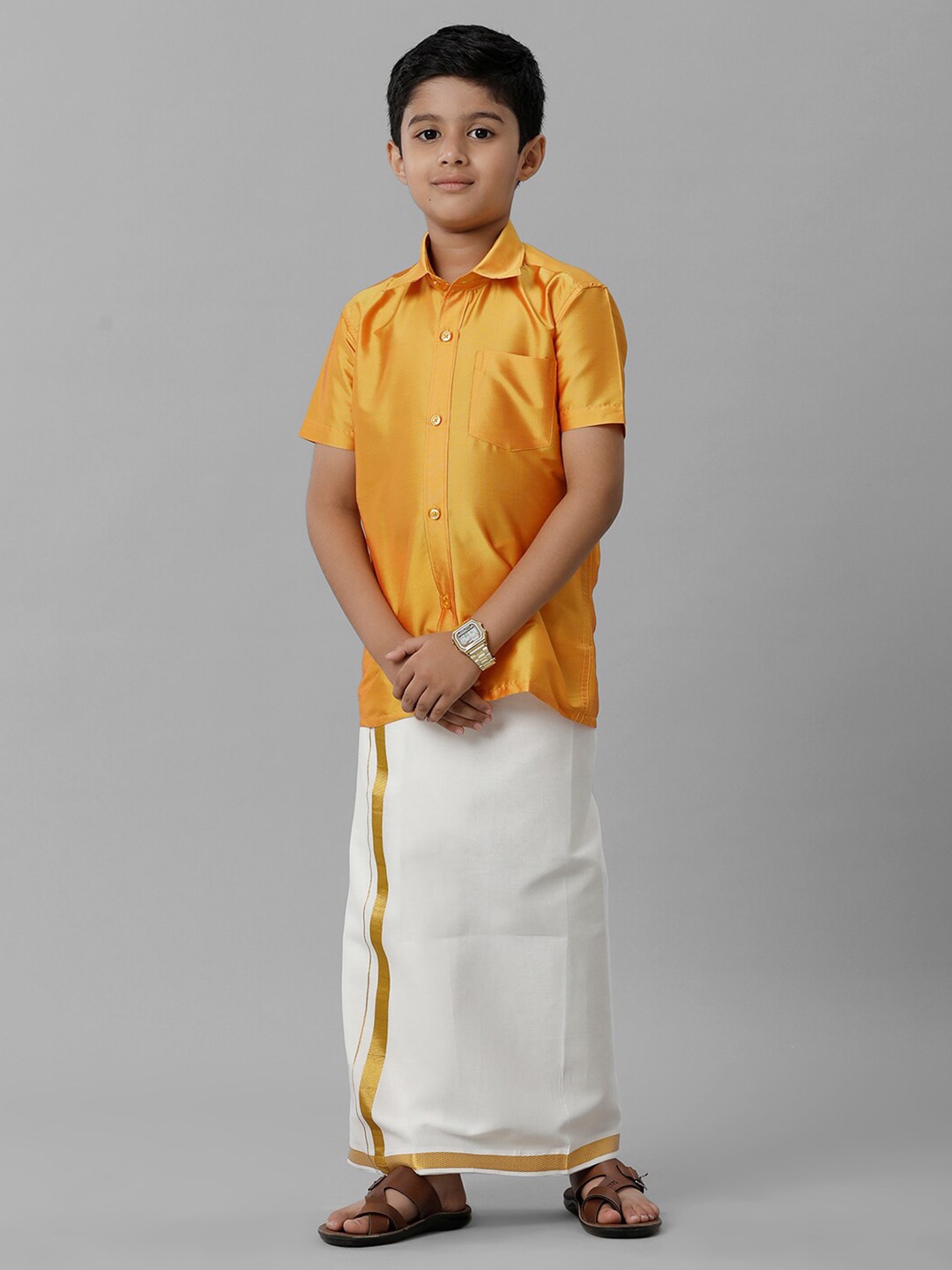 

Ramraj Boys Shirt Collar Shirt With Adjustable Veshti, Orange