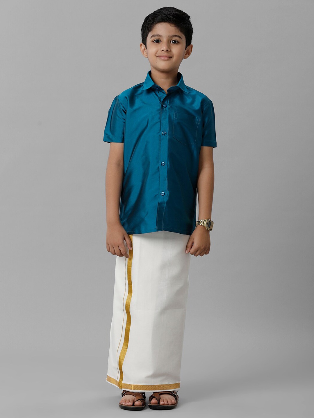 

Ramraj Boys Shirt Collar Shirt With Adjustable Veshti, Blue