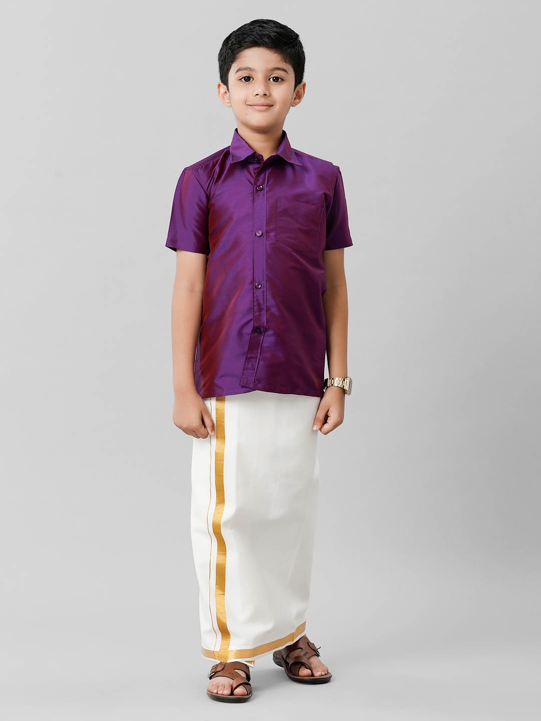 

Ramraj Boys Shirt Collar Shirt With Adjustable Veshti, Violet